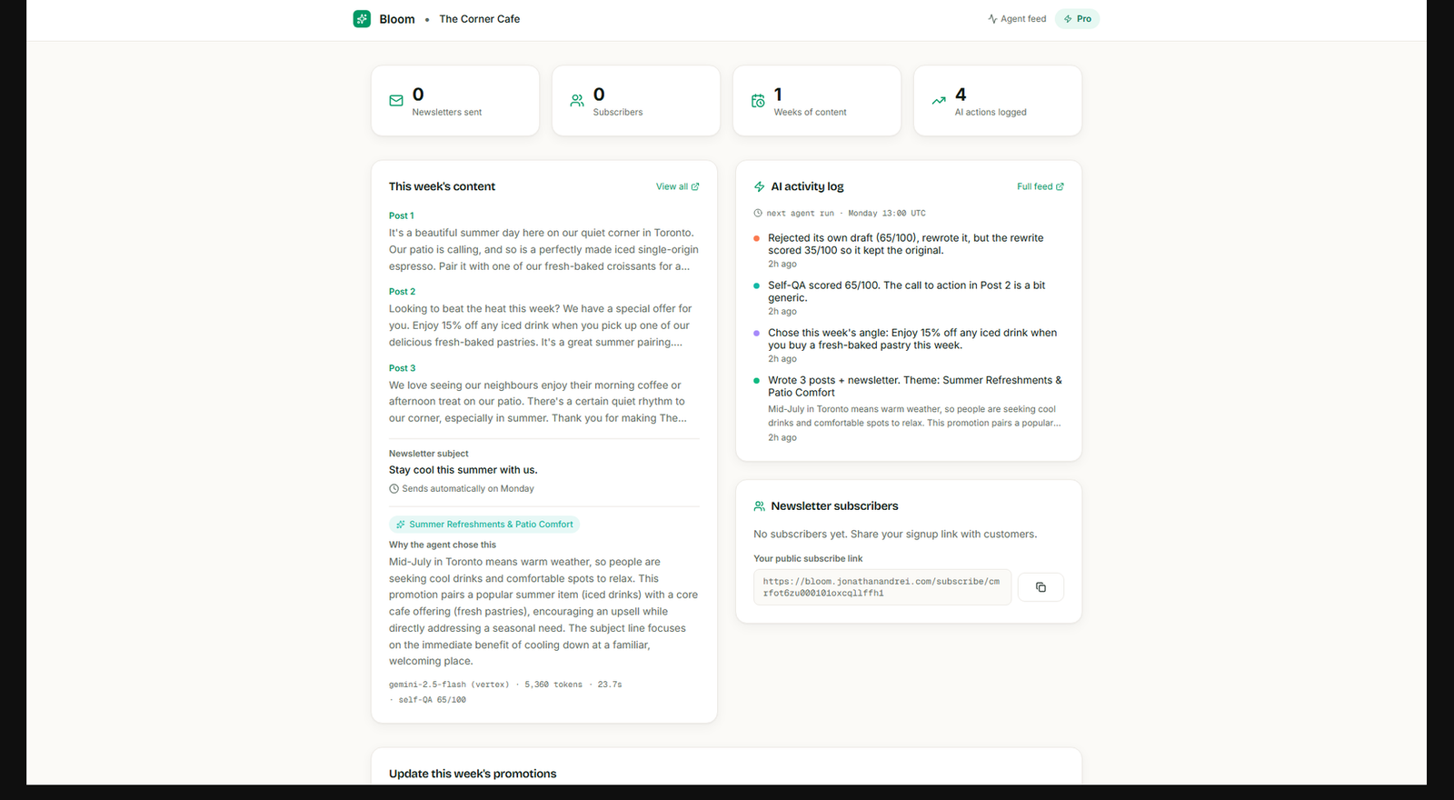 Bloom : personne n'annule, on cesse simplement de venir. Bloom lit le rythme de visite propre à chaque client, signale ceux qui s'en écartent, et écrit une note personnelle à chacun. Les règles décident QUI, Gemini décide QUOI DIRE.