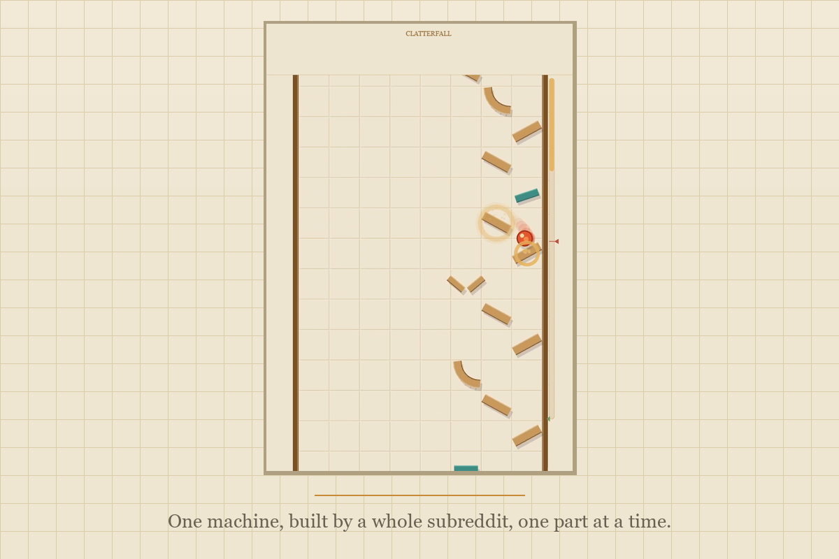 La machine entière vue en zoom plus large : des dizaines de pièces posées par différents redditors forment un contraption 2D délibéré de rampes, chutes, rebondisseurs et entonnoirs qui descendent à travers le plateau