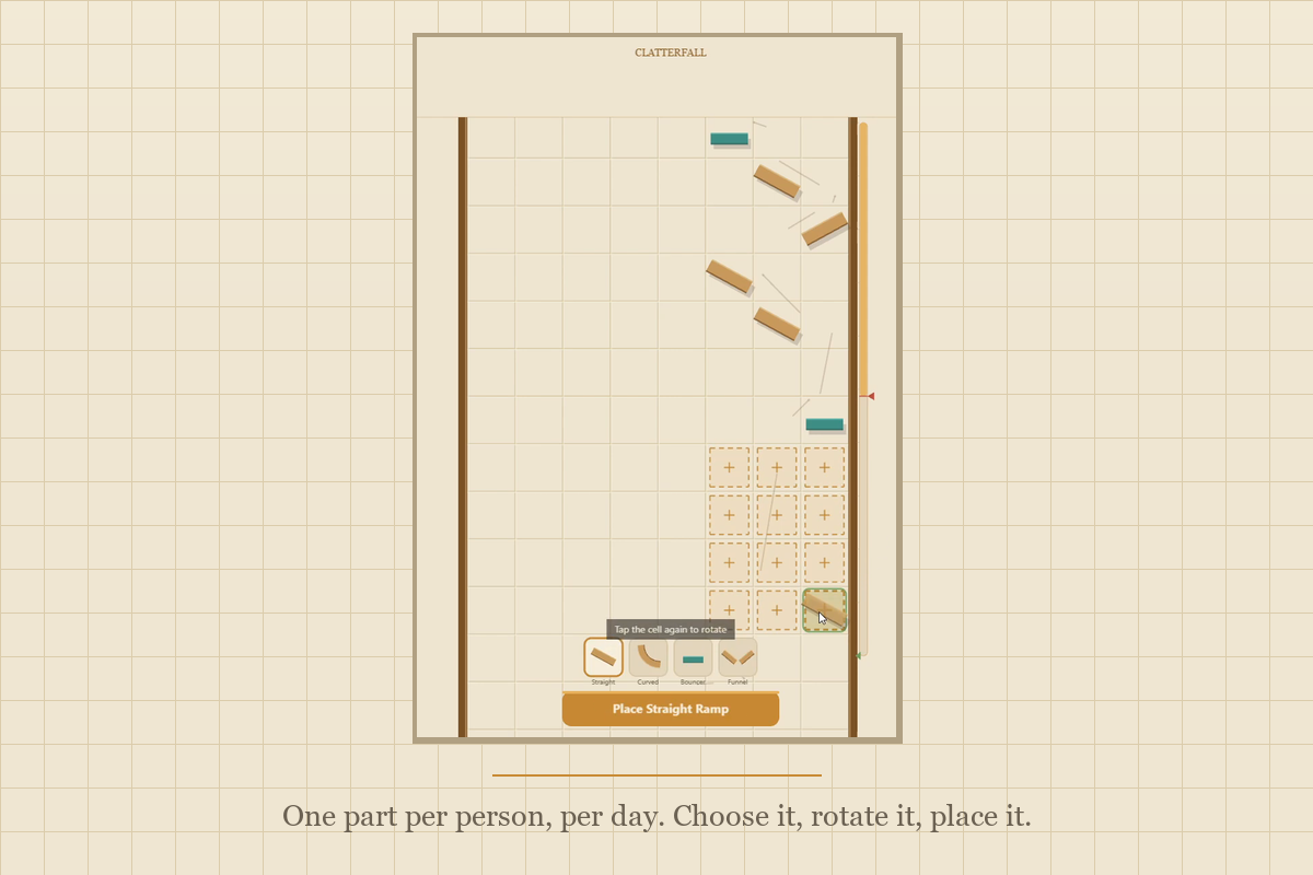 La palette superposée montrant les quatre pièces statiques (Rampe droite, Chute courbe, Rebondisseur, Entonnoir), le contrôle rotation-par-tap, et un indicateur de rareté « vous avez une pièce aujourd'hui » avec le compte à rebours de placement