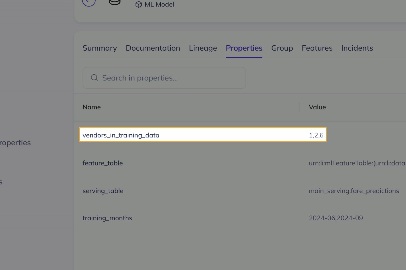 DataHub's model page for nyc_fare_predictor showing the vendors_in_training_data property with value [1, 2, 6], captured before any drift occurred. This is the fact that decides the whole investigation.