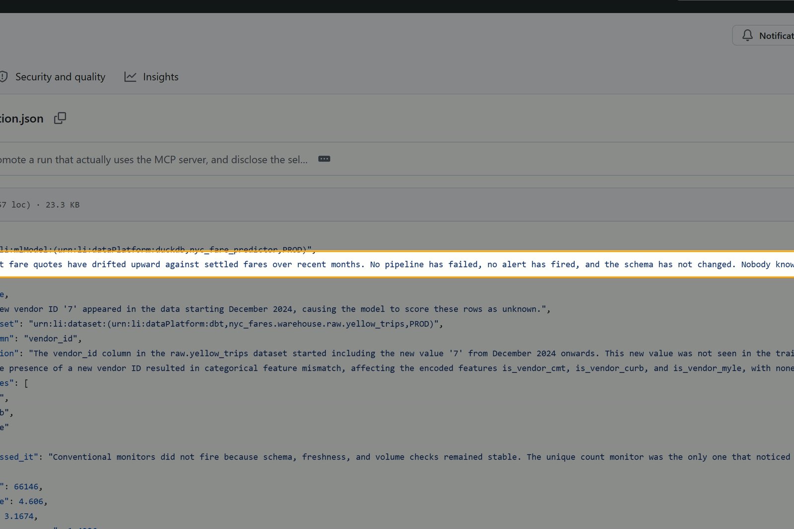 Investigation trace showing the sequence of tool calls: search DataHub for the model URN, get_lineage on mlModel to walk into features, get_entities on the feature table, feature_drift_report on suspect columns, then dbt_column_lineage crossing into the dataset half of the graph, ending in measure_attributable_error returning the $90,322 figure