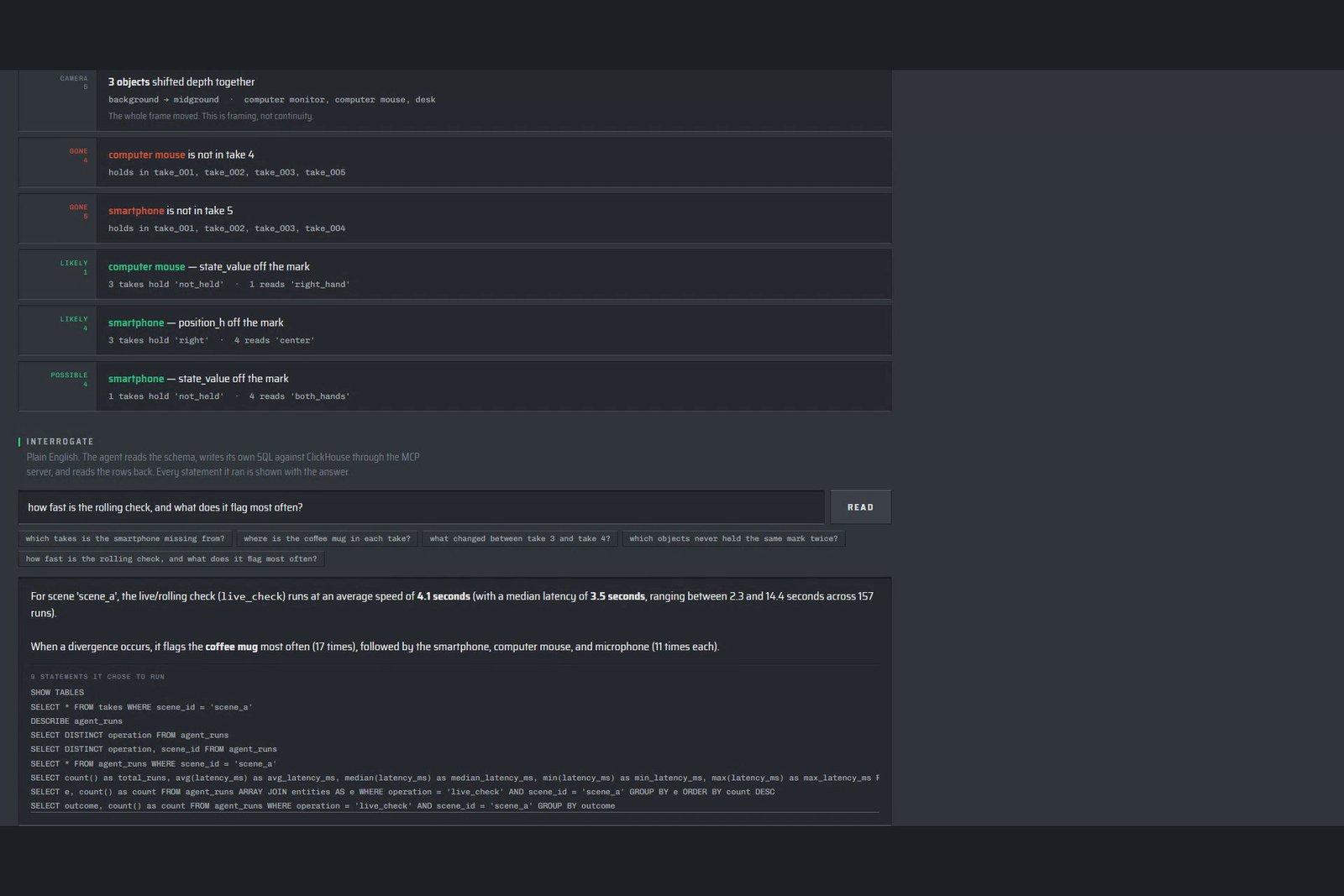 The same question box answering about its own runs, reading out of agent_runs.