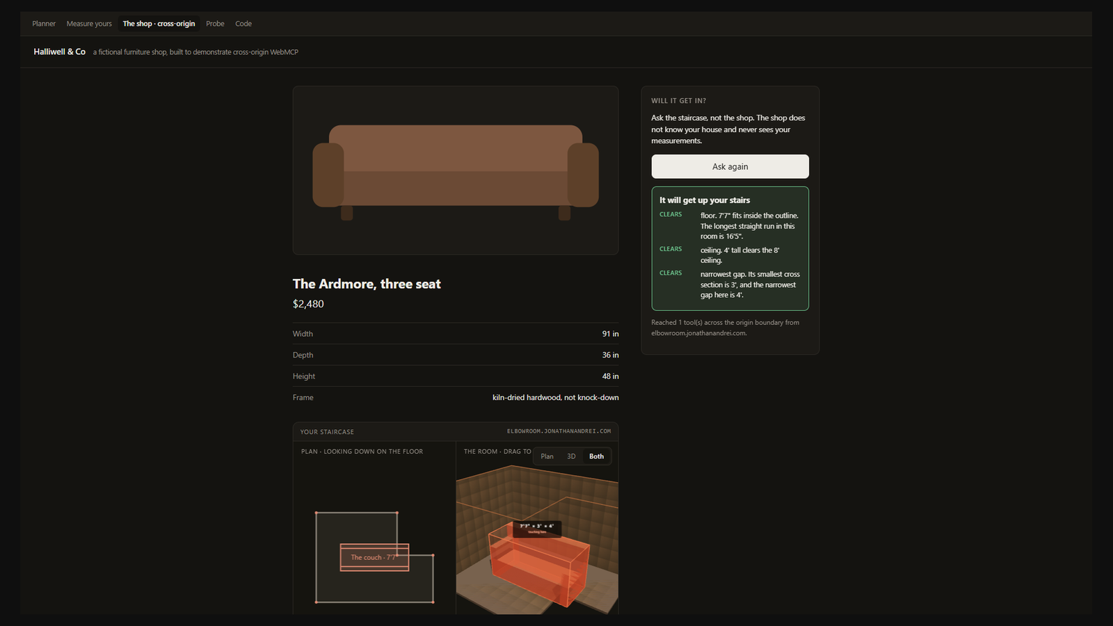 Halliwell and Co, a separate origin selling a sofa, showing a Passes check-fit verdict returned by my staircase over WebMCP's cross-origin tool sharing.