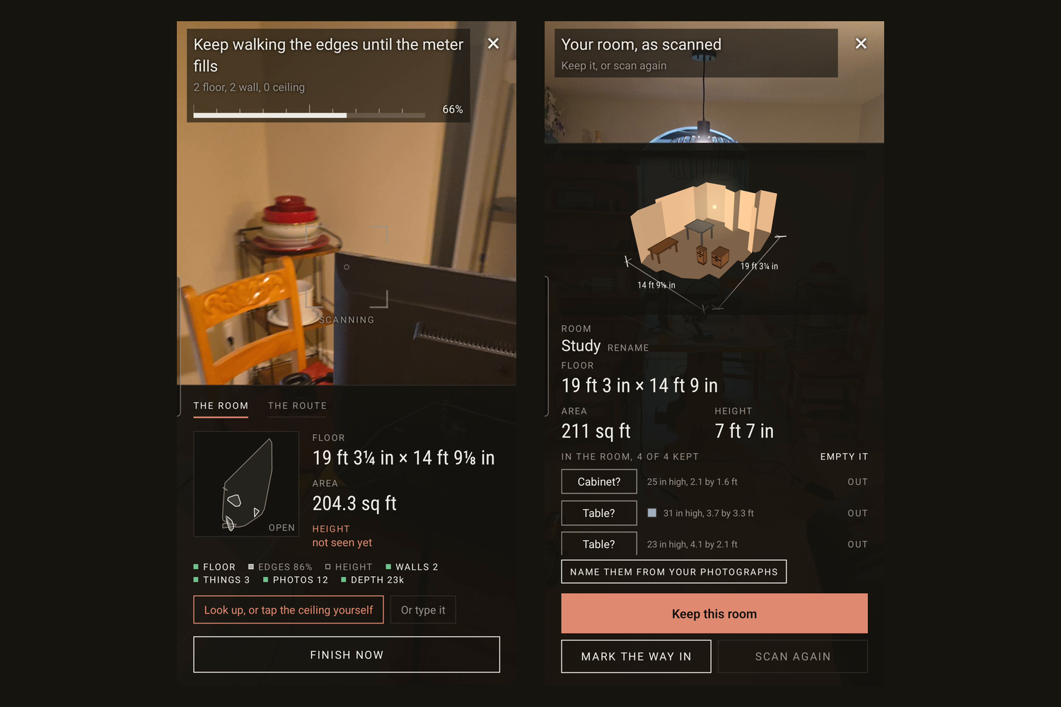 Walking a room with the camera while a meter fills as the floor, walls and ceiling settle, then a review screen showing what the scan found.
