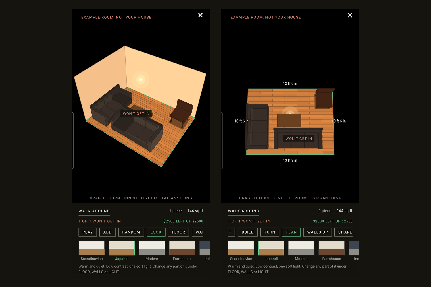 Design mode: eight looks, every floor, wall and ceiling material, and a plan view lettering the measured length of every wall.