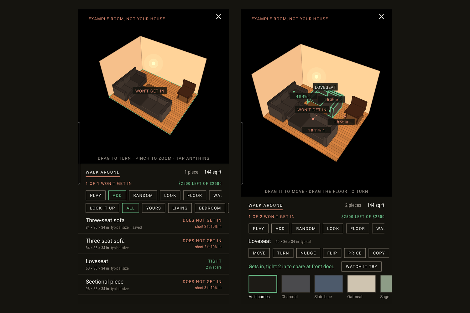 The furnishing catalogue, where every row states whether the piece can get into this room before it is picked, and a placed piece letters its gaps on the floor.