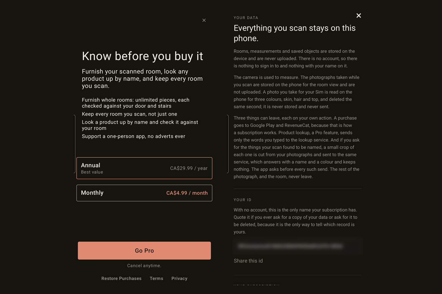 The Elbow Room Pro paywall built in the RevenueCat editor: unlimited pieces, every room kept, product lookup by name.