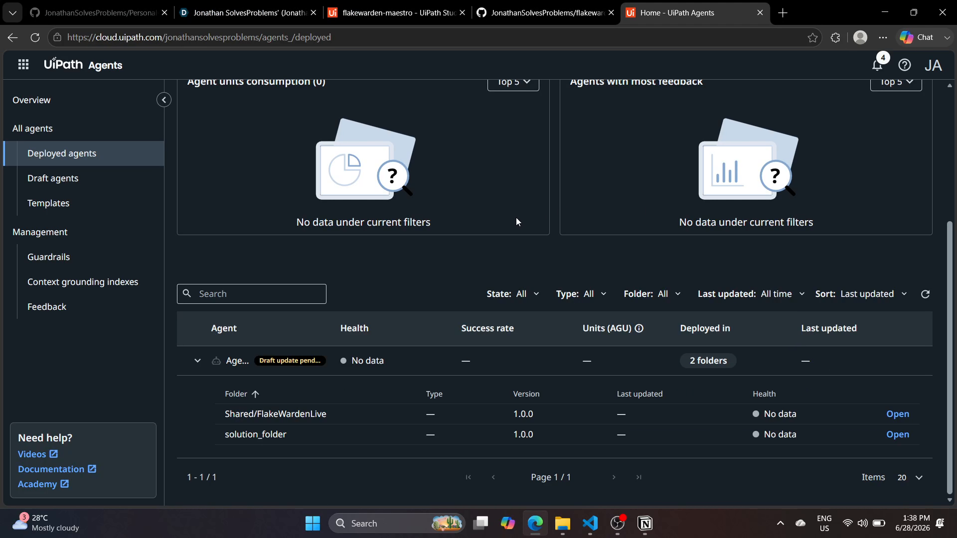 Page des processus UiPath Orchestrator montrant le paquet solution FlakeWarden publié en v1.0.0 et déployé comme processus Orchestrator nommé Solution.1.agent.Agent