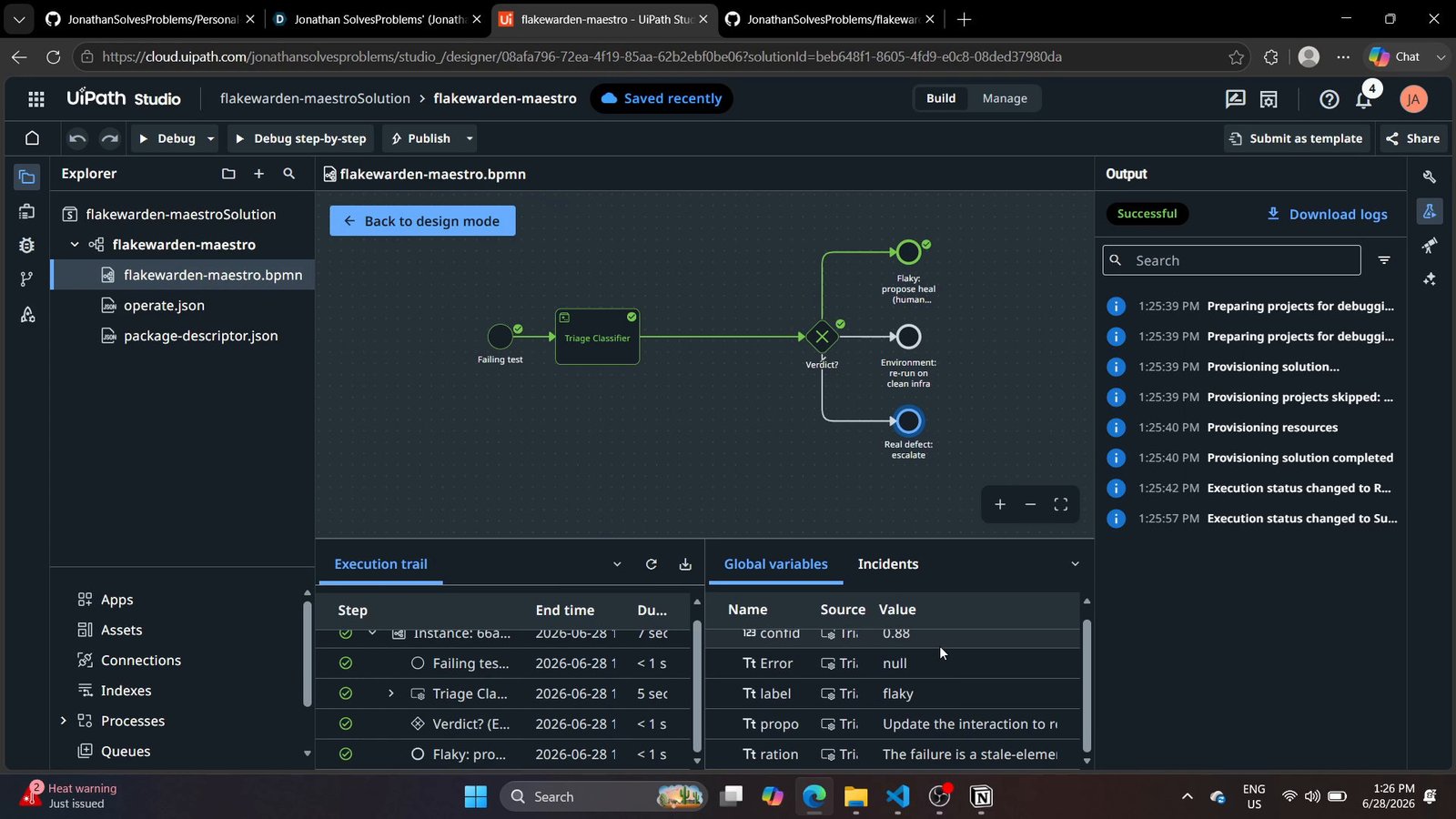 Maestro process run trace showing the path taken by an ambiguous failure: scorer escalation → agent classifier returning a flaky verdict → routing into the human-gated heal branch with the proposed fix attached