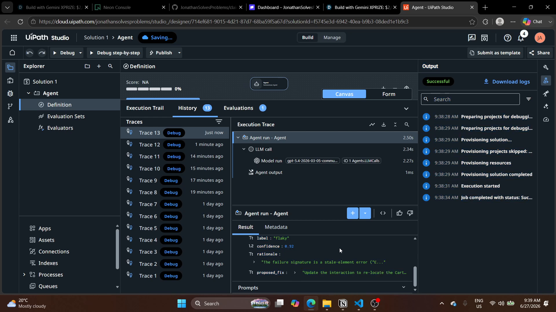 Le même agent produisant un verdict flaky sur Cart_UI_012 avec un correctif de sélecteur / synchronisation proposé