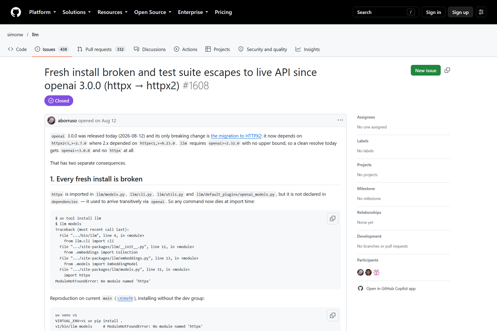 L'issue GitHub #1608 de simonw/llm, intitulée « Fresh install broken and test suite escapes to live API since openai 3.0.0 (httpx → httpx2) », qui montre une trace se terminant par ModuleNotFoundError: No module named 'httpx'.