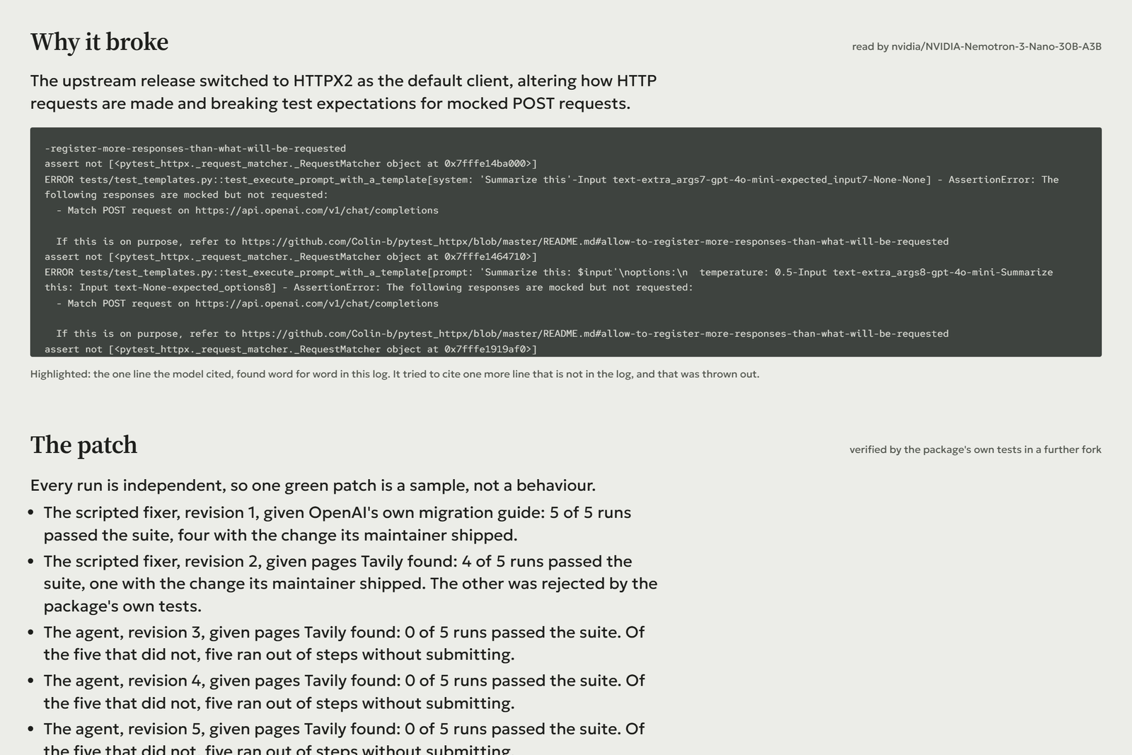 La section Why it broke pour llm, attribuée à NVIDIA Nemotron 3 Nano : une explication d'une phrase selon laquelle openai 3.0.0 est passé à HTTPX2 et a changé la façon dont les requêtes simulées sont reconnues, au-dessus du journal pytest d'échec avec la ligne citée en évidence.