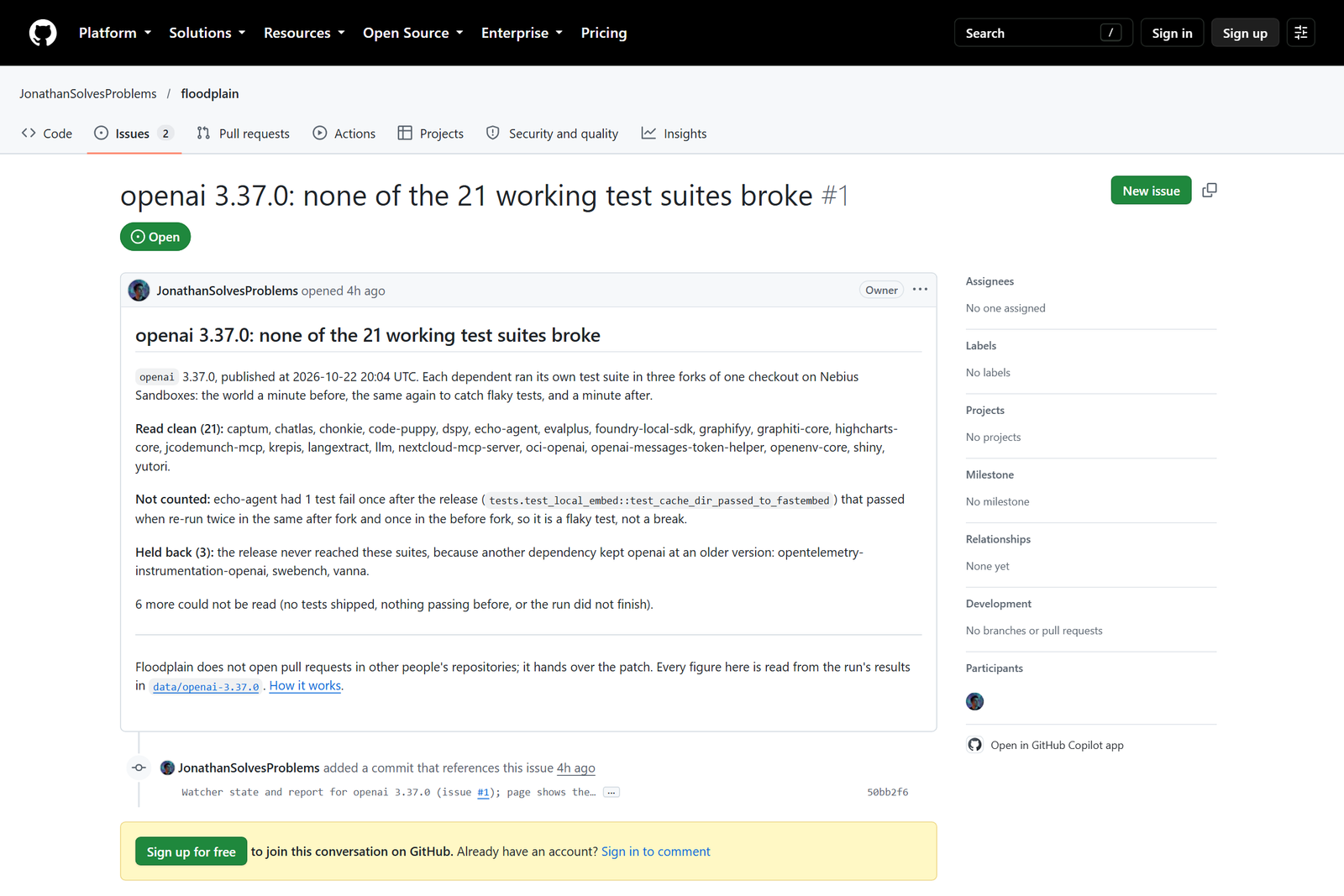 L'issue GitHub #1 du dépôt floodplain, ouverte par la surveillance : « openai 3.37.0: none of the 21 working test suites broke », qui liste les paquets restés propres, un test instable non compté et les paquets retenus.