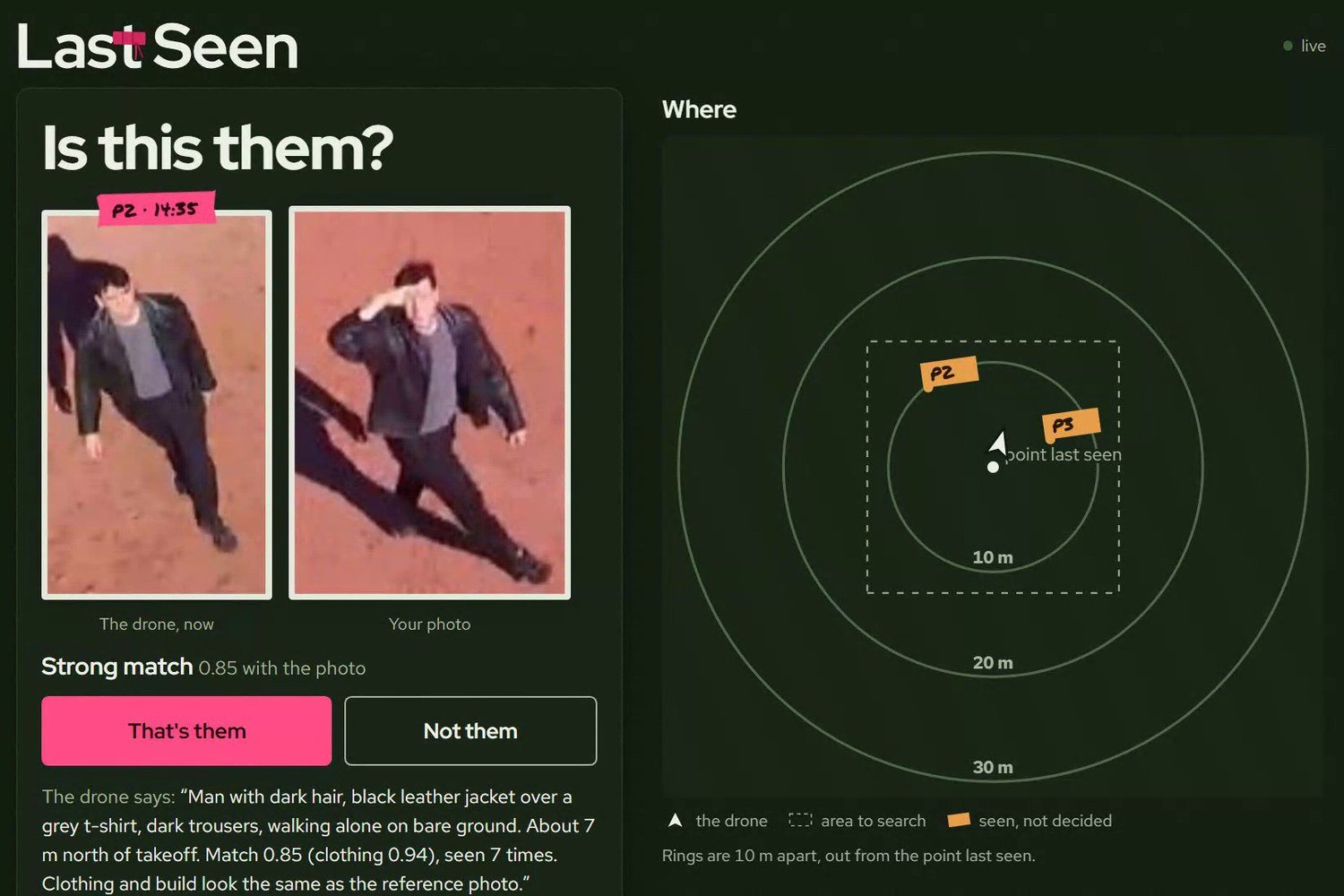 The coordinator's page: "Is this them?" with the drone's crop beside the reference photo, Strong match 0.85, buttons That's them and Not them, the drone's description of the person, and a map with rings 10 m apart around the point last seen.