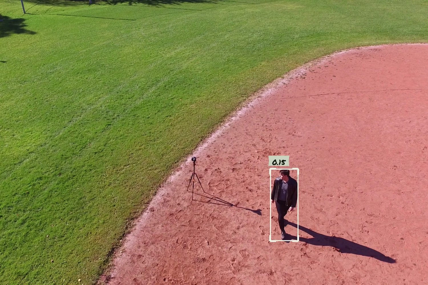 Aerial view of the edge of a clay infield and grass, with a tripod and a man in a black jacket boxed with a low 0.15 score.