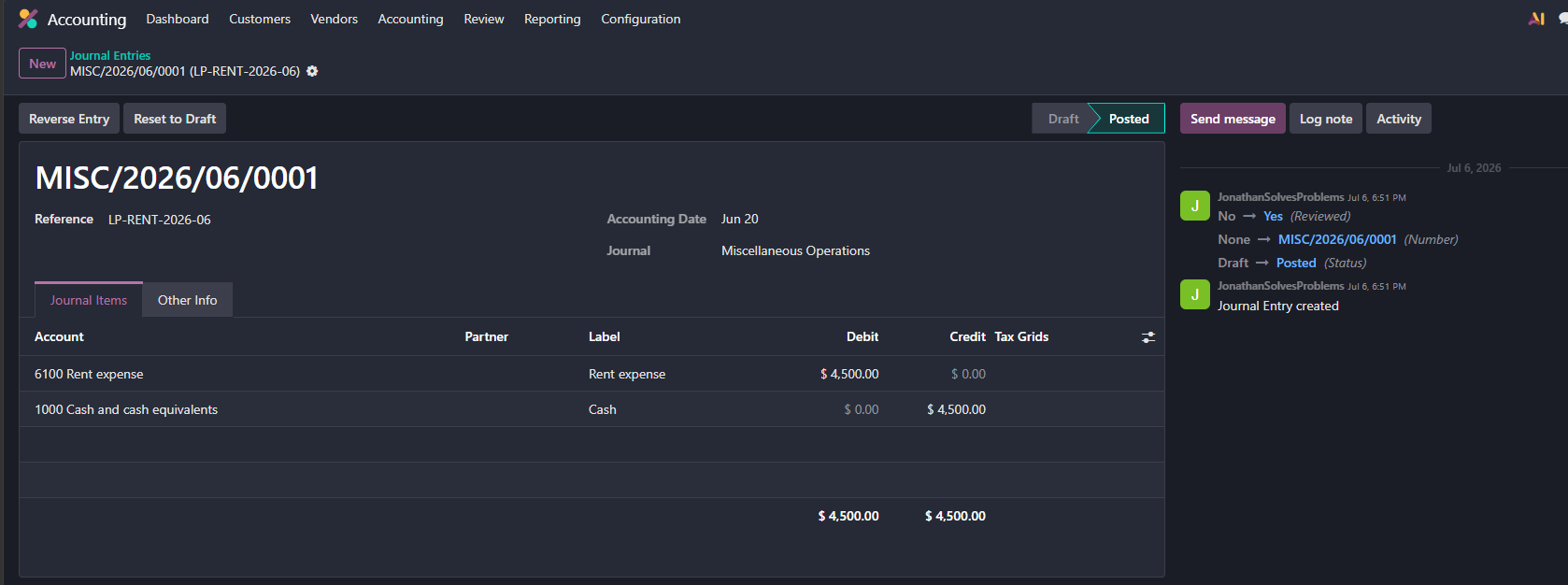 Odoo 19 UI showing the real posted account.move MISC/2026/06/0002 (June utilities, 1,280.00) written by the agent from the Alibaba Cloud ECS instance, with the debit and credit lines and the reference tying it back to the source document