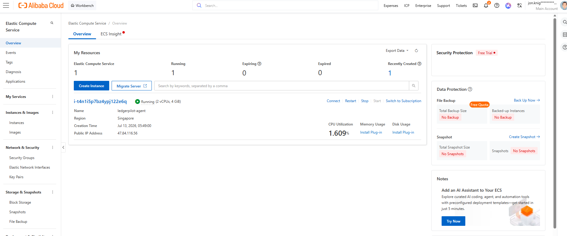 Alibaba Cloud ECS console showing the LedgerPilot instance in Running state with its instance id, type (ecs.t6-c1m2.large), region (ap-southeast-1), and public IP