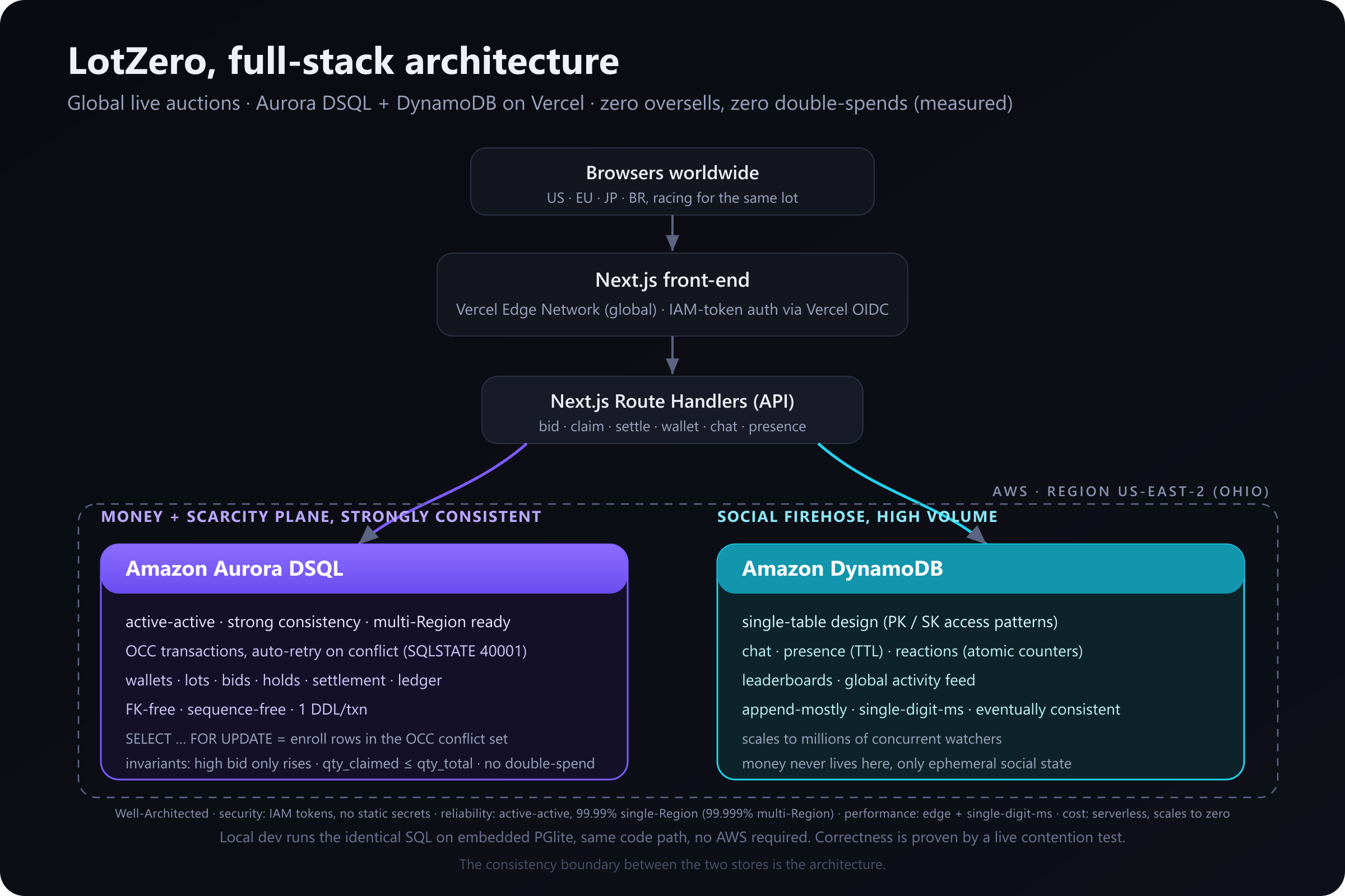 Architecture LotZero : des navigateurs dans le monde entier touchent une app Next.js sur Vercel Edge, qui parle à des Route Handlers Next.js. Les opérations d'argent (portefeuille, enchères, blocages, règlement, stock limité) passent par Amazon Aurora DSQL en transactions OCC fortement cohérentes. Le flux social (chat, présence, réactions, classements, fil d'activité) passe par Amazon DynamoDB en événements append-only sur un design à table unique.