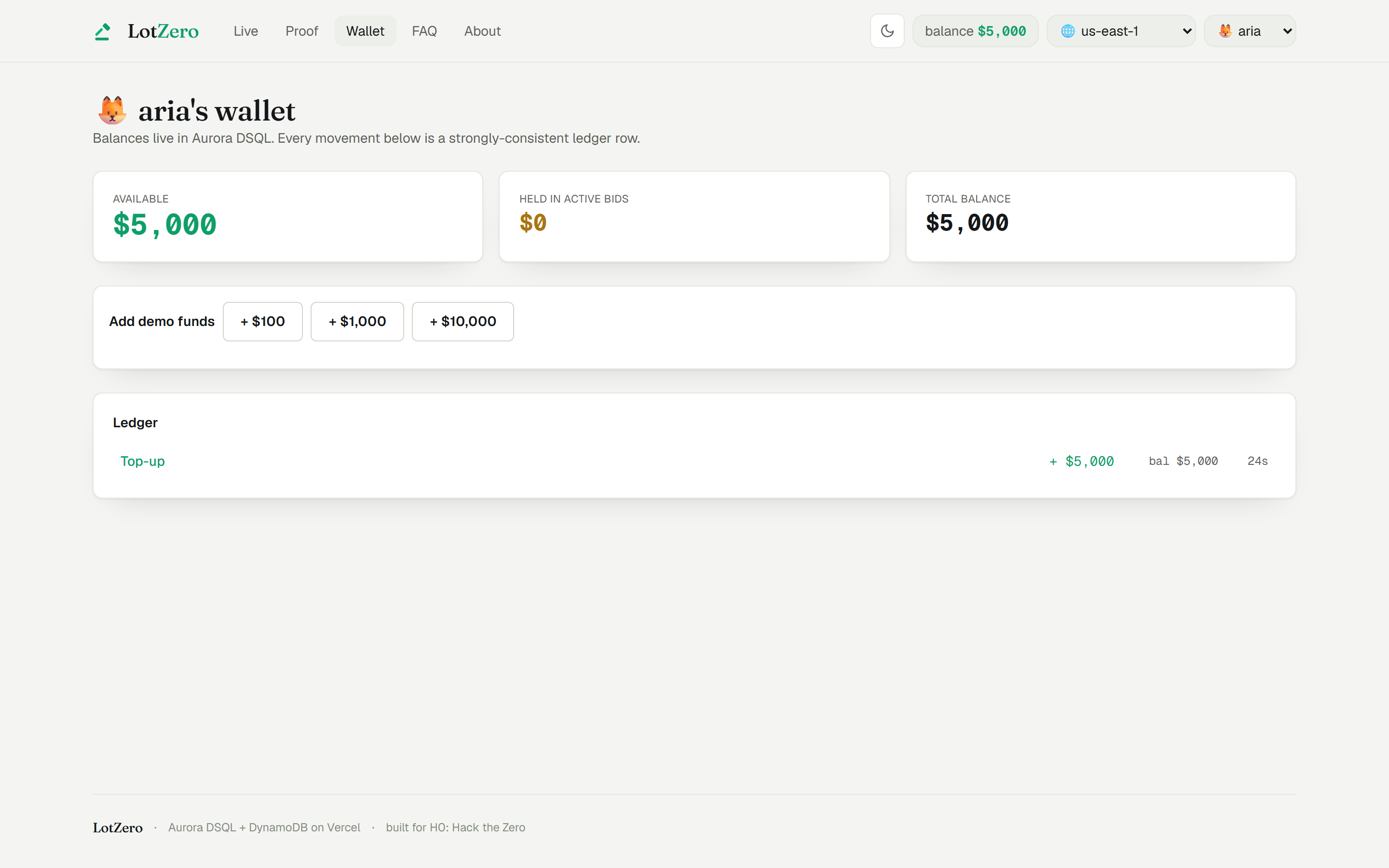 Vue portefeuille de LotZero montrant trois soldes (disponible, bloqué, total), un registre des transactions récentes avec horodatages, et des annotations par région