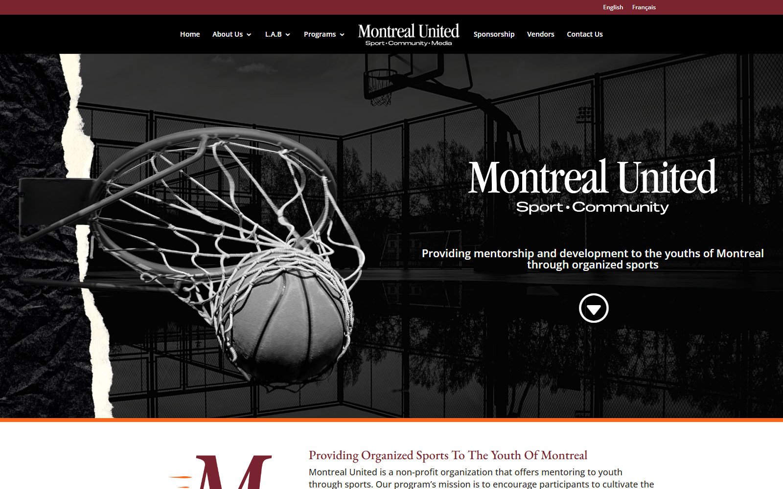 The Montreal United homepage: a black and white basketball going through a hoop, the wordmark, and the line about providing mentorship and development to the youths of Montreal through organized sports.