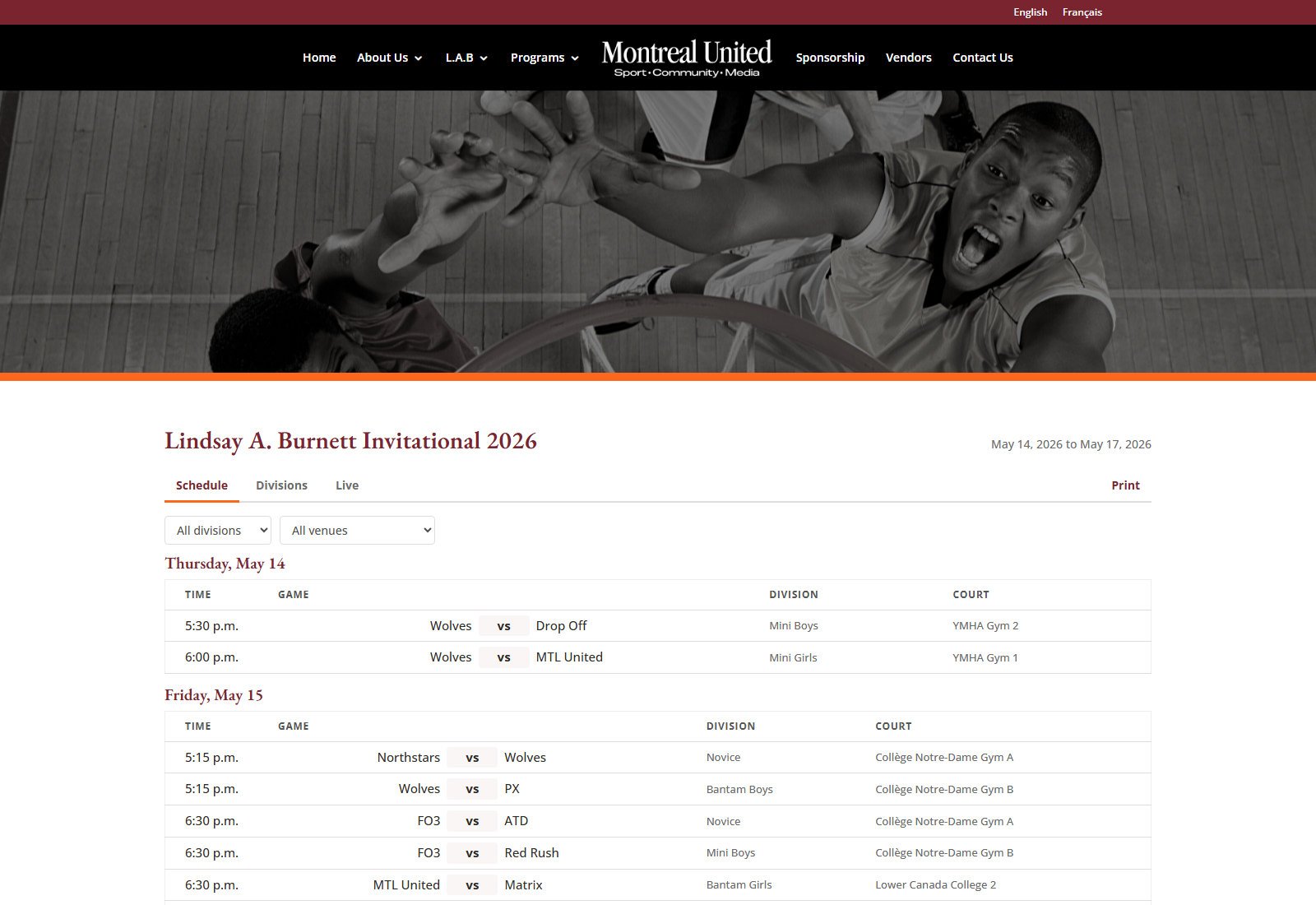 The public tournament page on desktop: the tournament name and dates, tabs for schedule, divisions and live, filters for division and venue, a print link, and the schedule grouped by day with time, game, division and court.