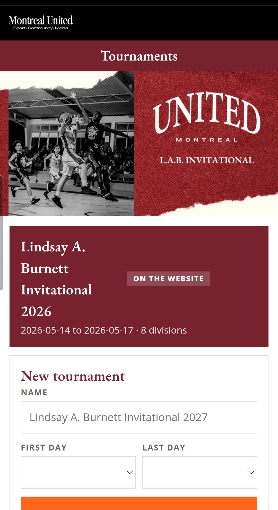 The tournament app on a phone: the L.A.B Invitational banner, a card for the 2026 tournament marked as on the website with its dates and eight divisions, and a form to start a new tournament.