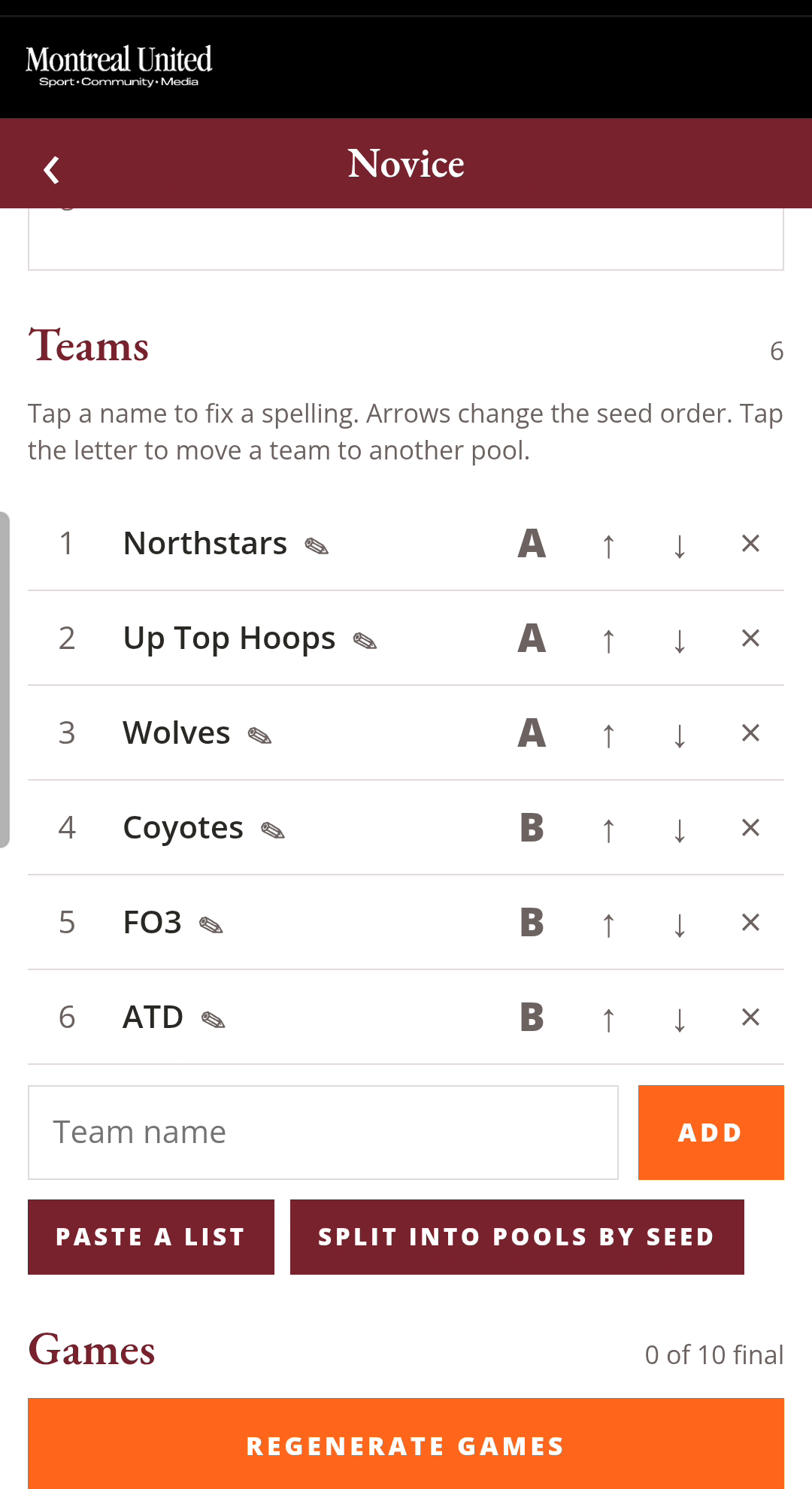 A division open on the phone: six teams each tagged with a pool letter and a seed, controls to create a pool or split into pools by seed, and a games section below with a regenerate action.