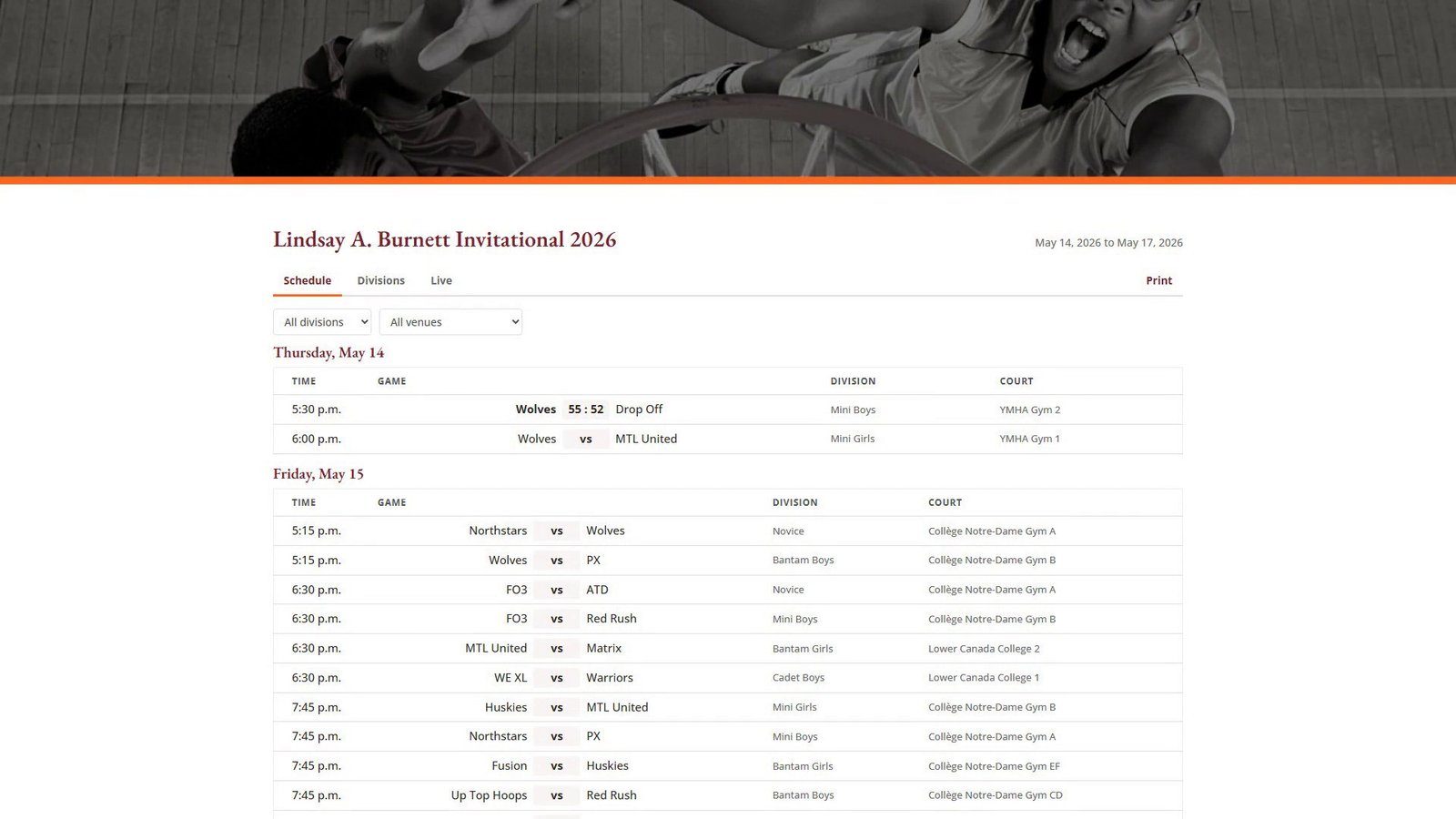 The public tournament schedule on a desktop browser, showing a completed game reading Wolves 55 to 52 Drop Off in the Thursday listing, which arrived from the phone with no page reload by a person.