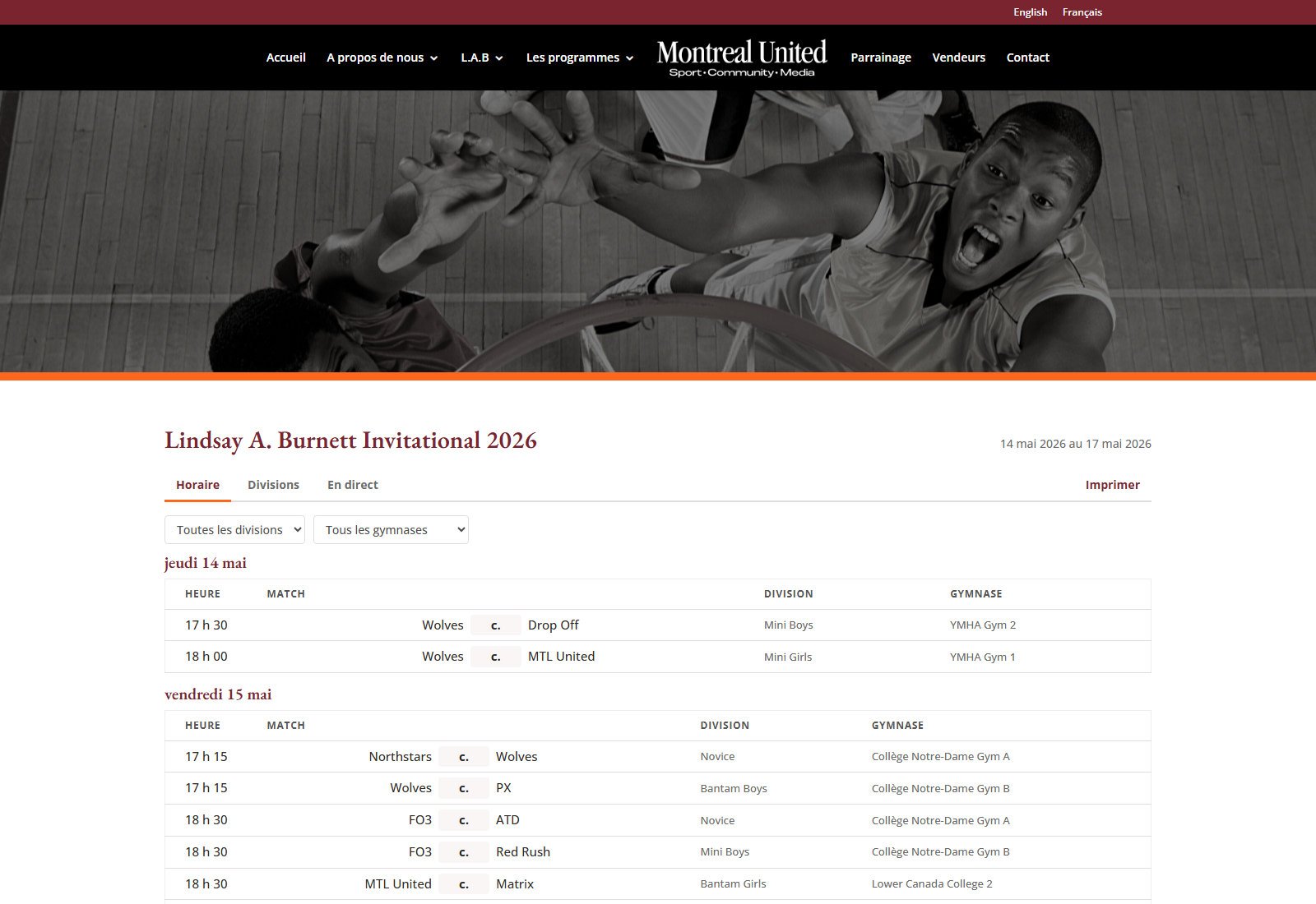 The same tournament page in French at /fr/tournoi/, with the schedule grouped under jeudi 14 mai and vendredi 15 mai, and the division and venue filters translated.