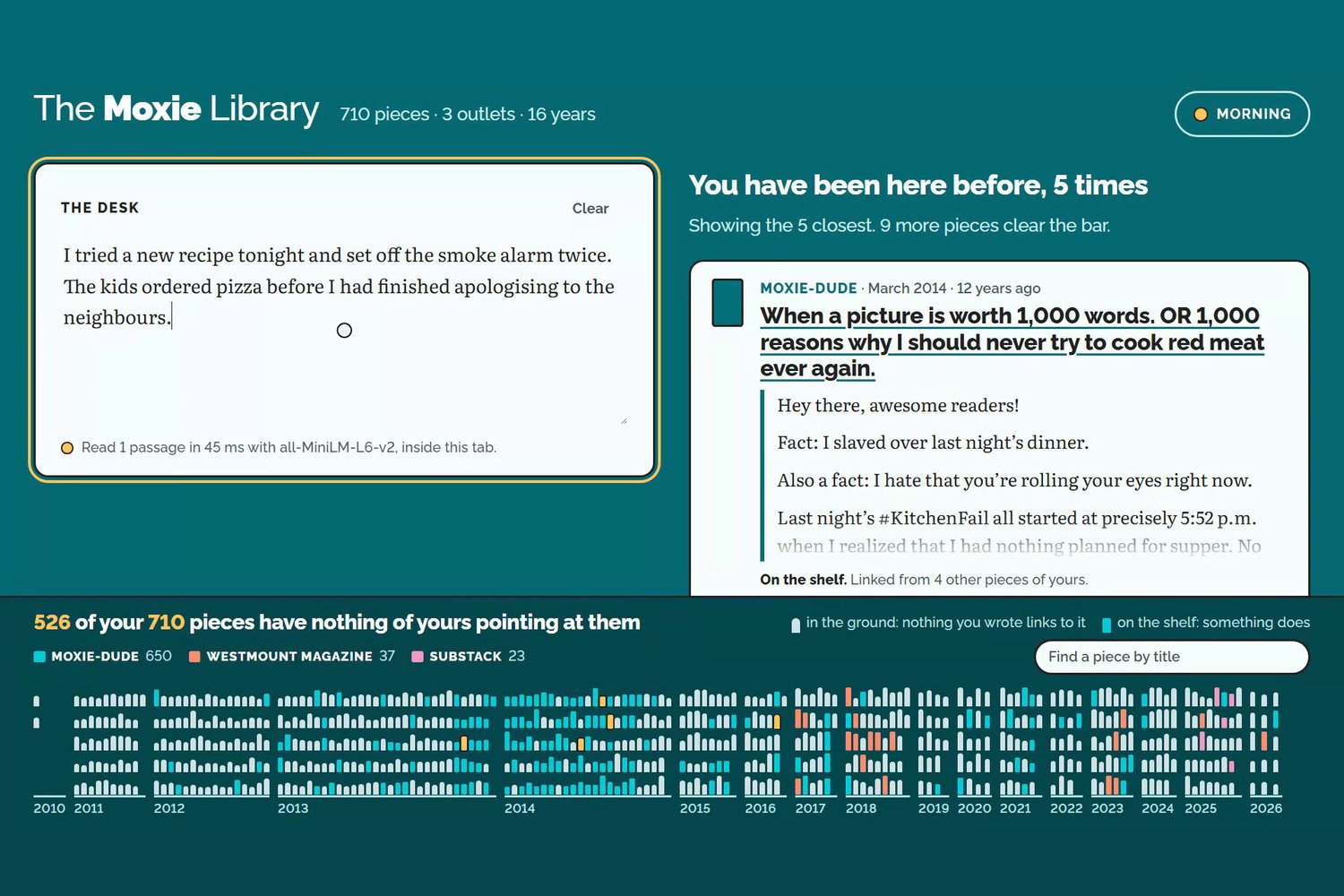 The desk with two test sentences typed on the left, and on the right five of her pieces returning under the heading you have been here before, five times, the first being her 2014 post about never cooking red meat again.