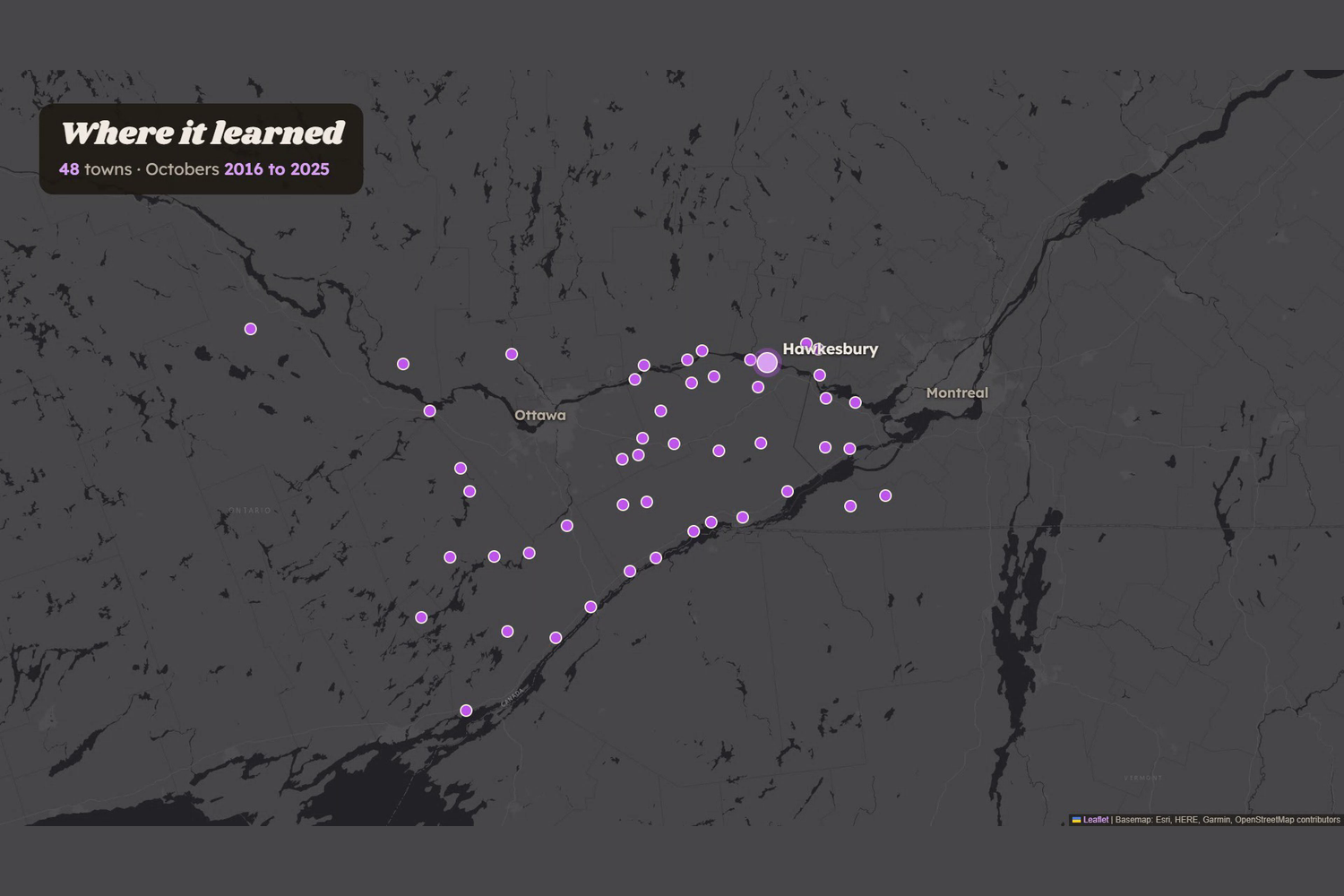 A map of eastern Ontario and western Quebec marking the 48 towns between Ottawa and Montreal the model learned from, with Hawkesbury highlighted.