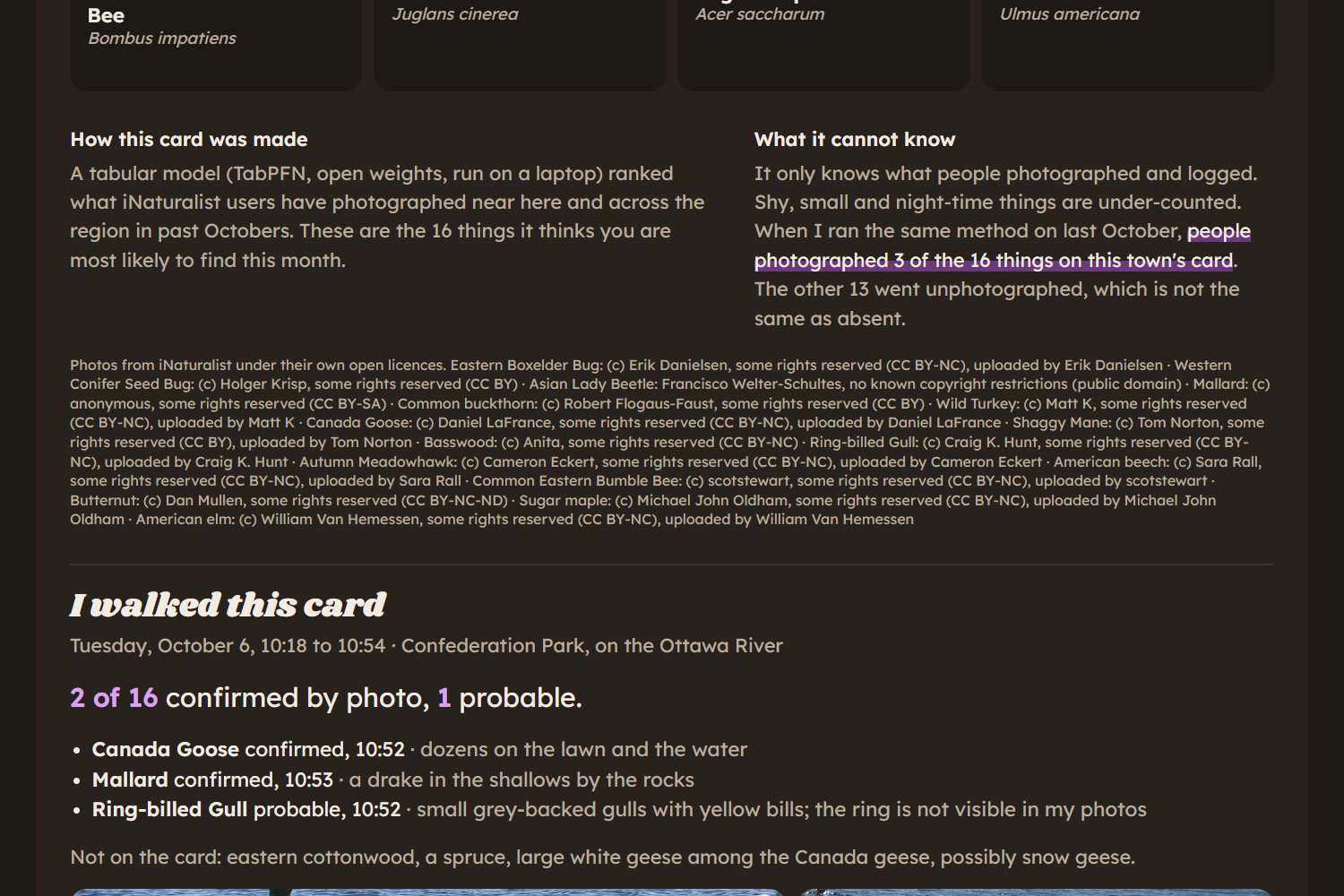 The bottom of Hawkesbury's card with two panels, how this card was made and what it cannot know, stating that people photographed 3 of the 16 things on this card last October, followed by per-photo licence credits.