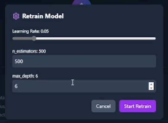 Onglet Retrain Model permettant à l'utilisateur d'ajuster un nouveau modèle sur des données téléversées avec des hyperparamètres modifiables.