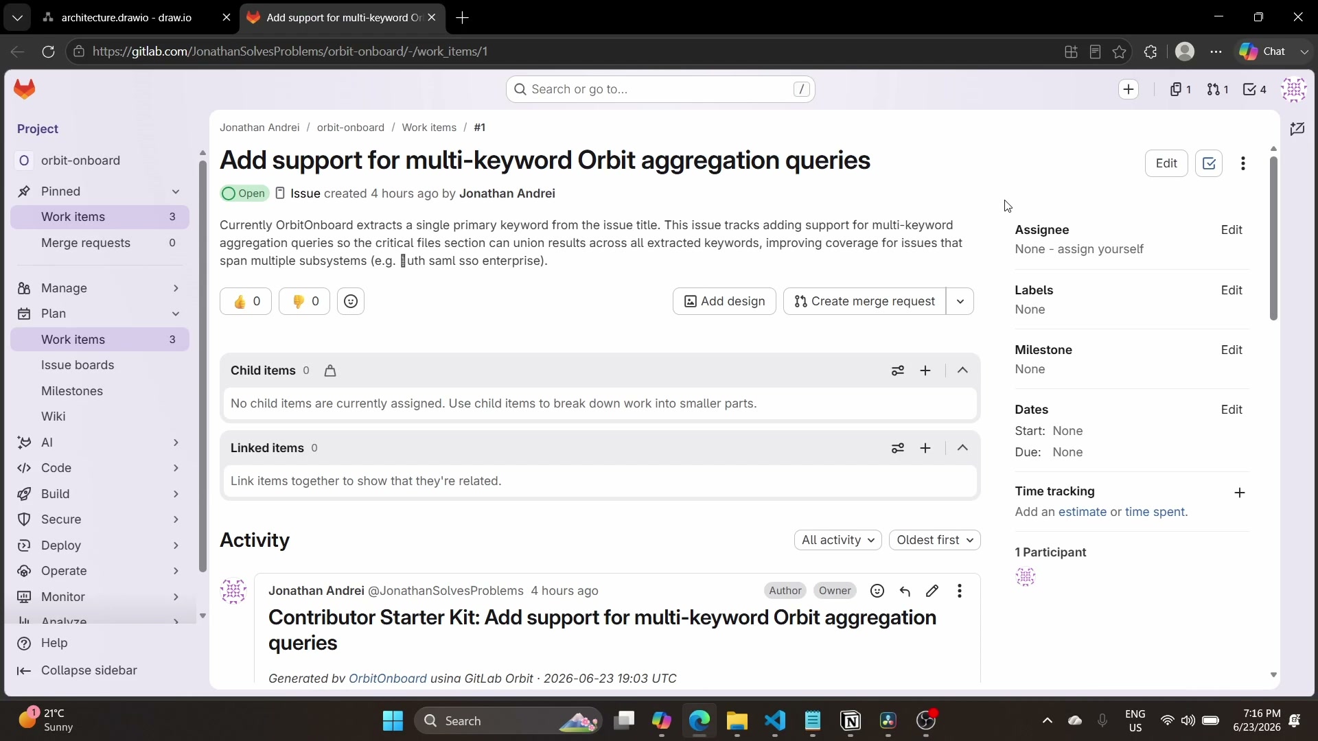 Page d'issue GitLab où le commentaire de kit de démarrage d'OrbitOnboard sera posté, montrant le titre et les labels qui alimentent Orbit