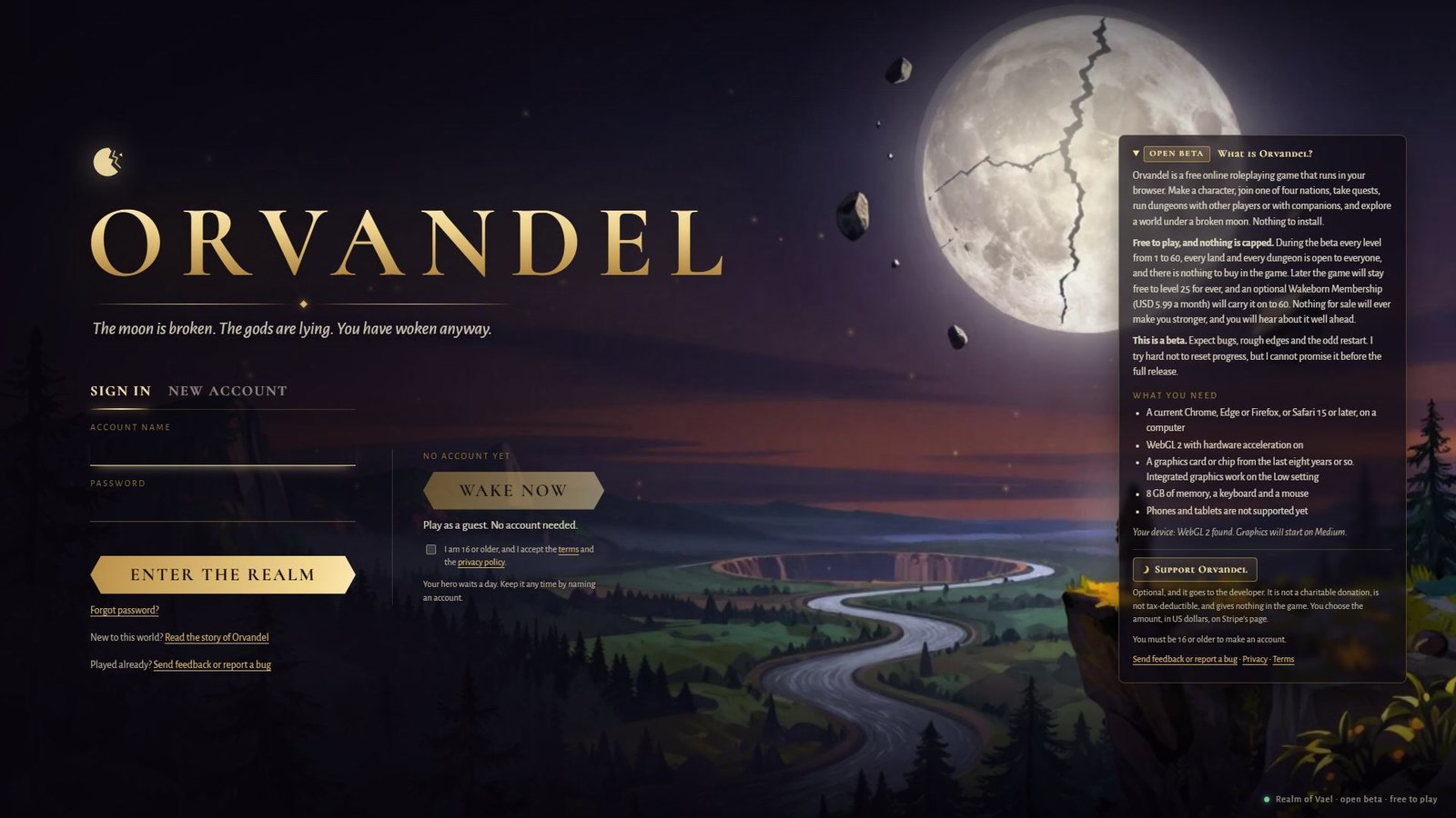 L'écran titre d'Orvandel : le nom en or sur un paysage de nuit peint avec une lune fissurée, Sign in et New account à gauche, et le bouton Wake now avec sa case 16+ au centre.