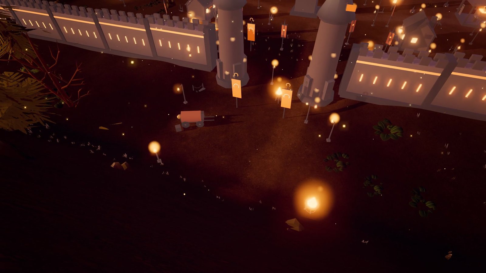 Khar Varos la nuit : des murailles et des tours pâles éclairées par des lanternes suspendues, avec des braises lumineuses qui flottent au-dessus du sol sombre.
