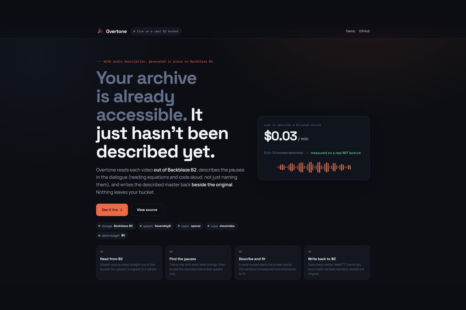 Overtone : description audio WCAG pour toute une archive vidéo à environ 0,03 $ la minute, générée sur place dans Backblaze B2