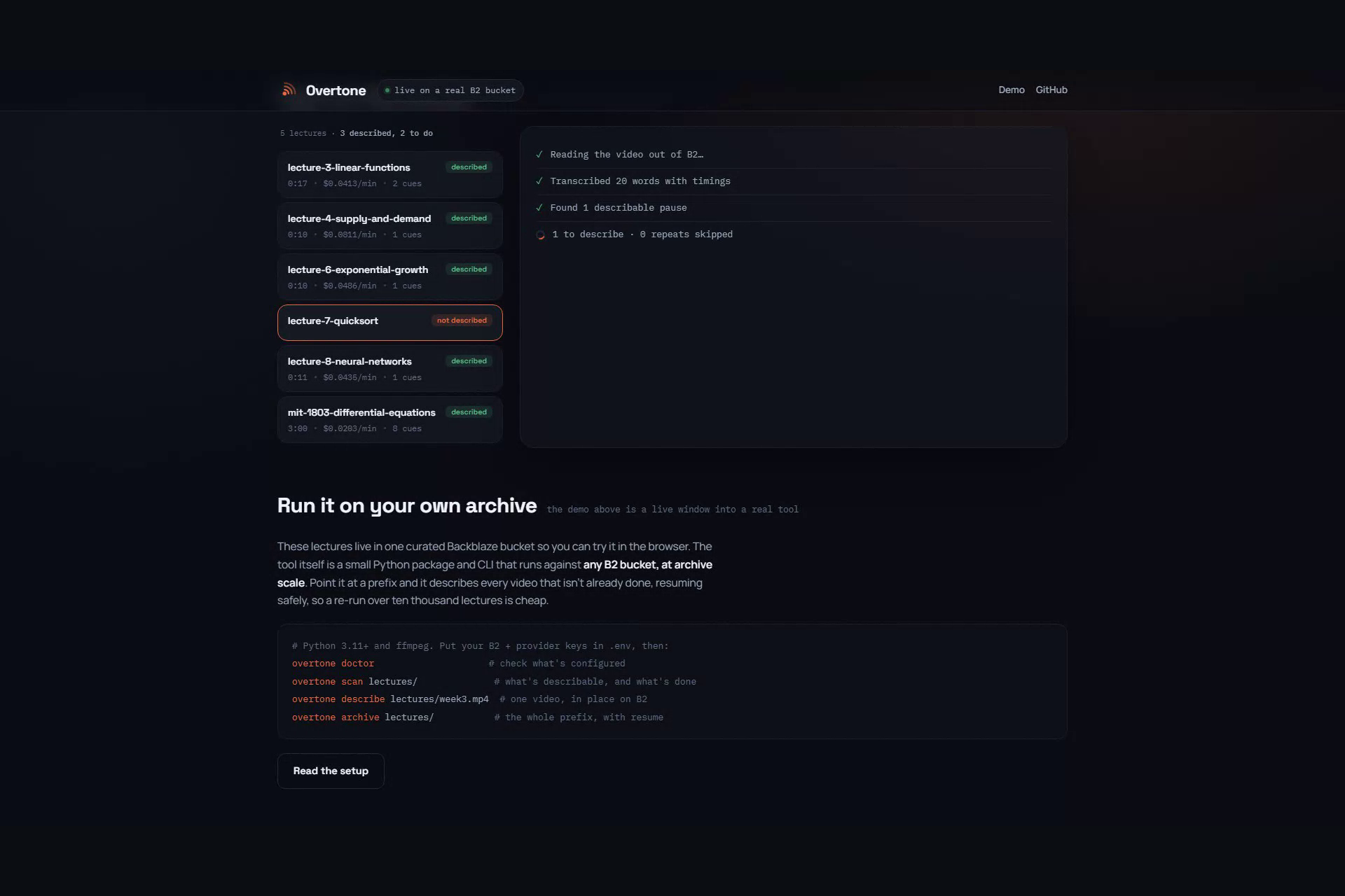 Live-describe view over server-sent events: a curated clip processing in real time, with each pipeline step (transcribe, find pauses, describe, fit, mix, write-back) filling in as it completes and the running cost in cents ticking upward
