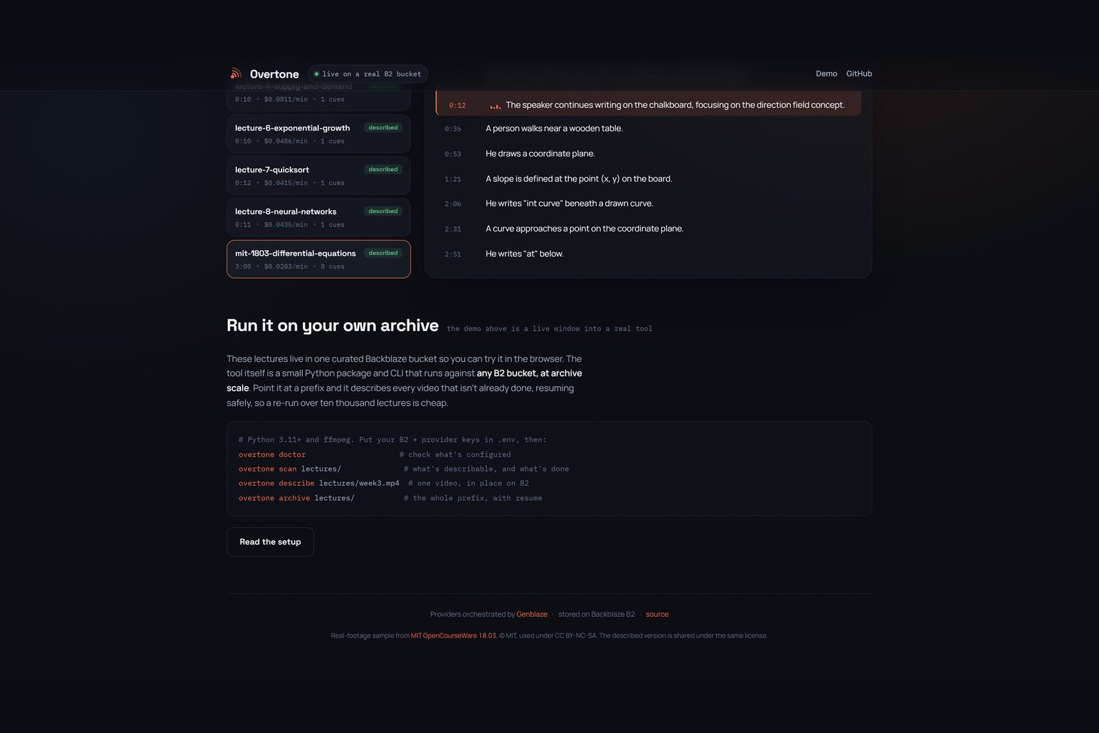 CLI exécutant `overtone archive lectures/` contre un préfixe de bucket : un tableau de progression listant 12 vidéos avec des colonnes pour statut (sauté / en cours / fait), coût et hash de manifeste ; trois sont sautées, une est en cours de description, le reste est fait