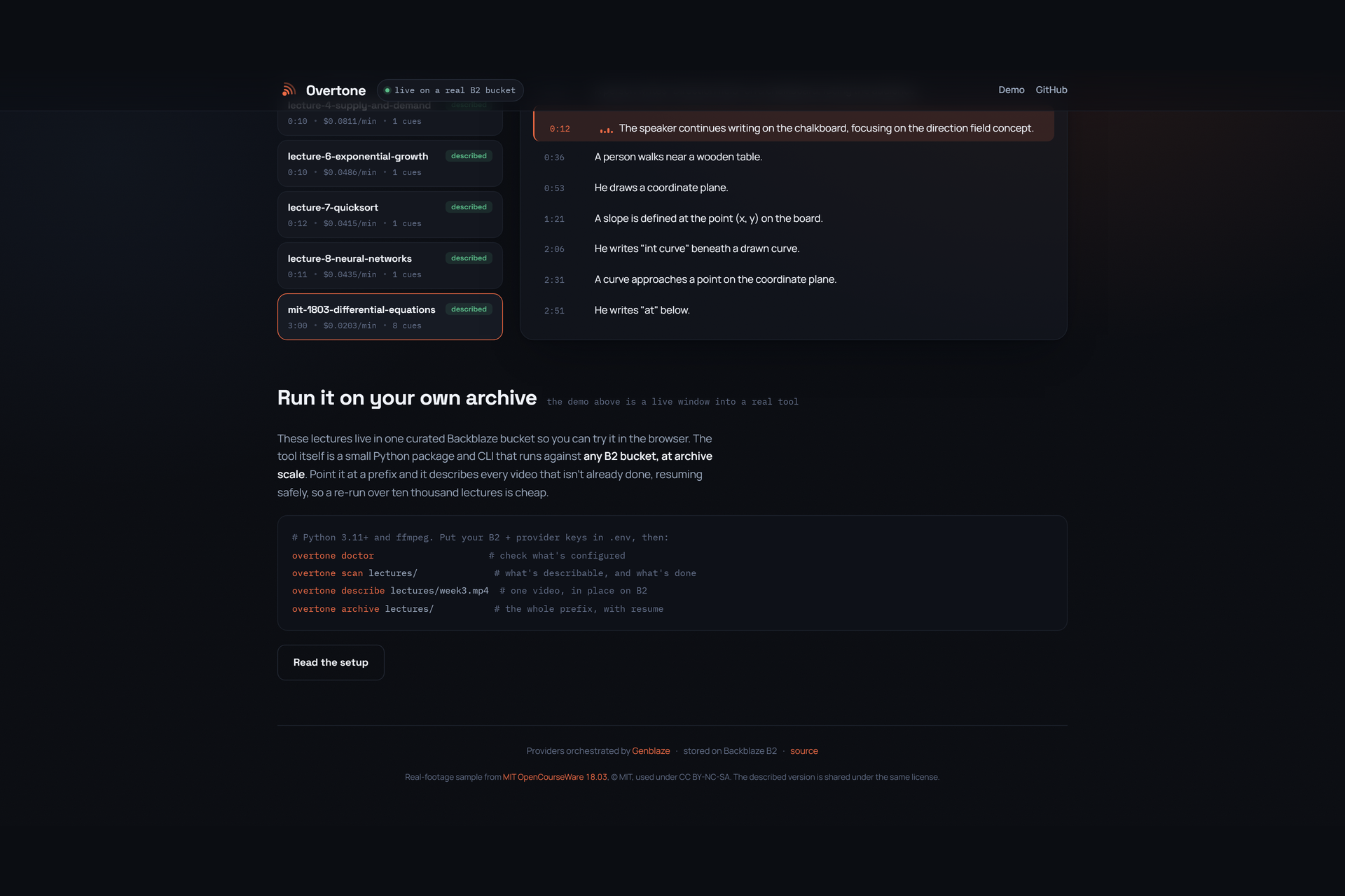 CLI running `overtone archive lectures/` against a bucket prefix: a progress table listing 12 videos with columns for status (skipped / describing / done), cost, and manifest hash; three are skipped, one is currently describing, the rest are done