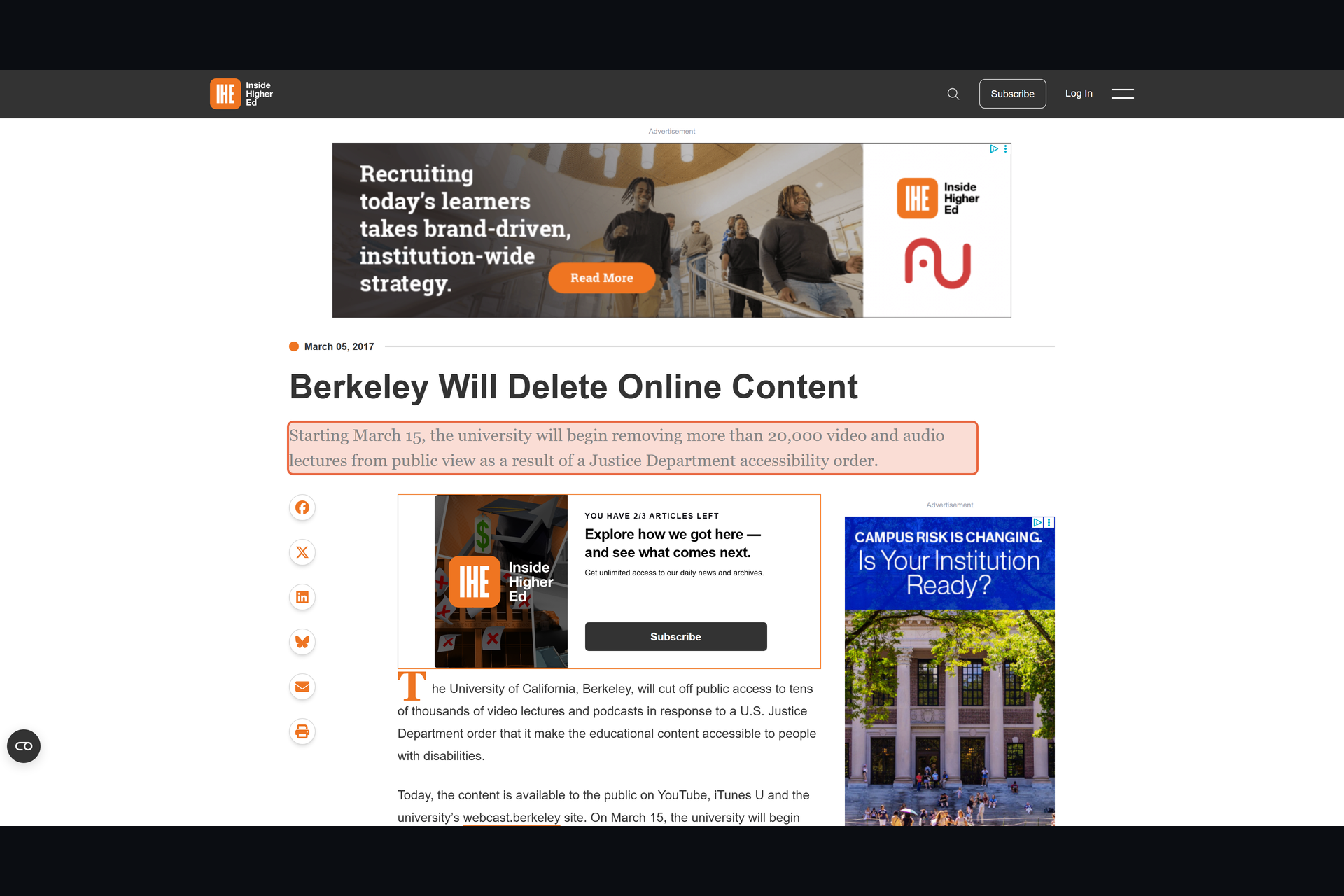 Explainer slide from the demo: 'UC Berkeley removed 20,000+ lectures rather than pay to remediate them' with the Inside Higher Ed source, then '$15-$75 per finished minute for a human describer' with the 3Play source, then 'US public entities owe WCAG 2.1 AA by April 26, 2027' with the DOJ source
