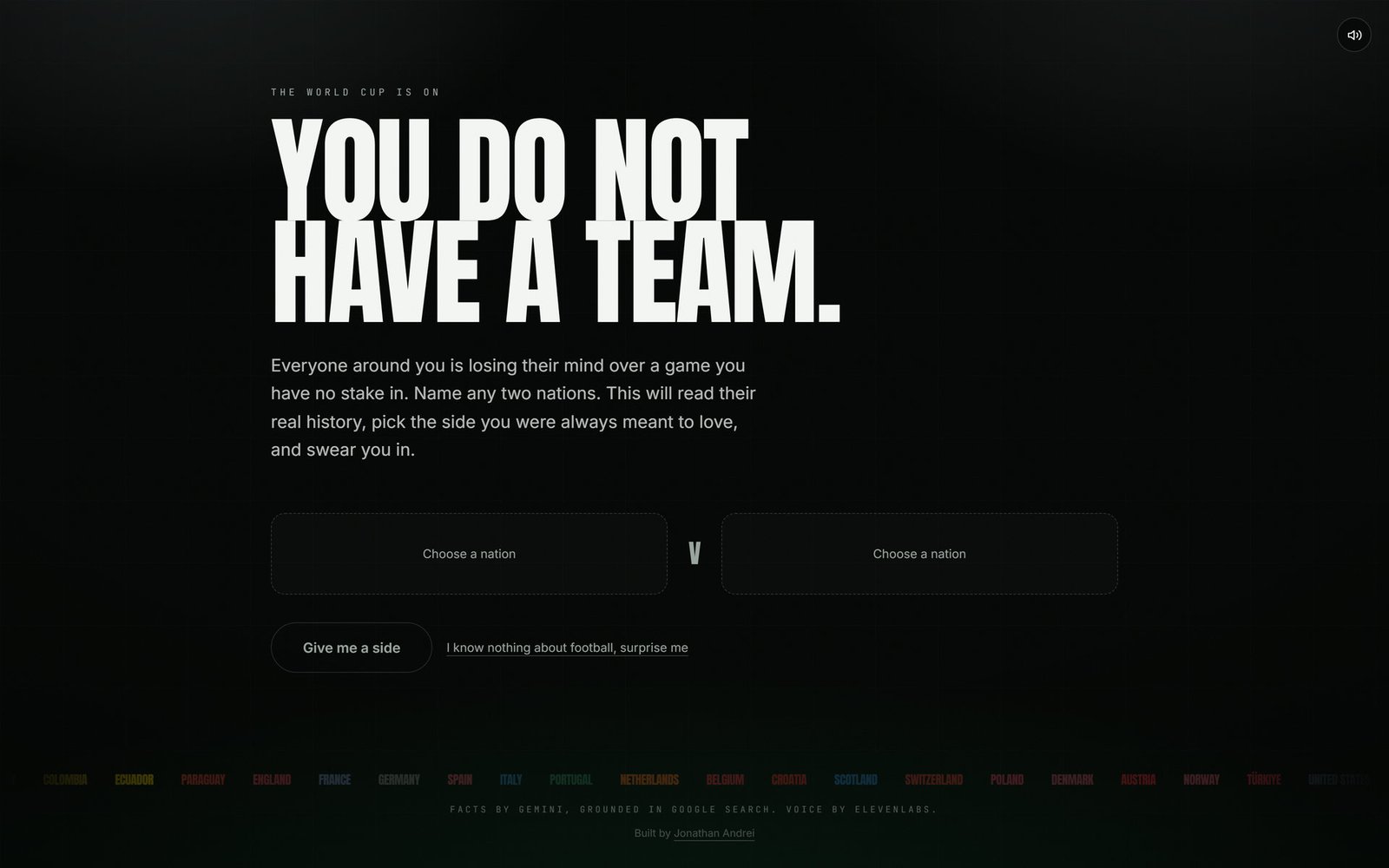 Pick Your Side: I Built a Machine That Manufactures a World Cup Team, Grounded in Real History