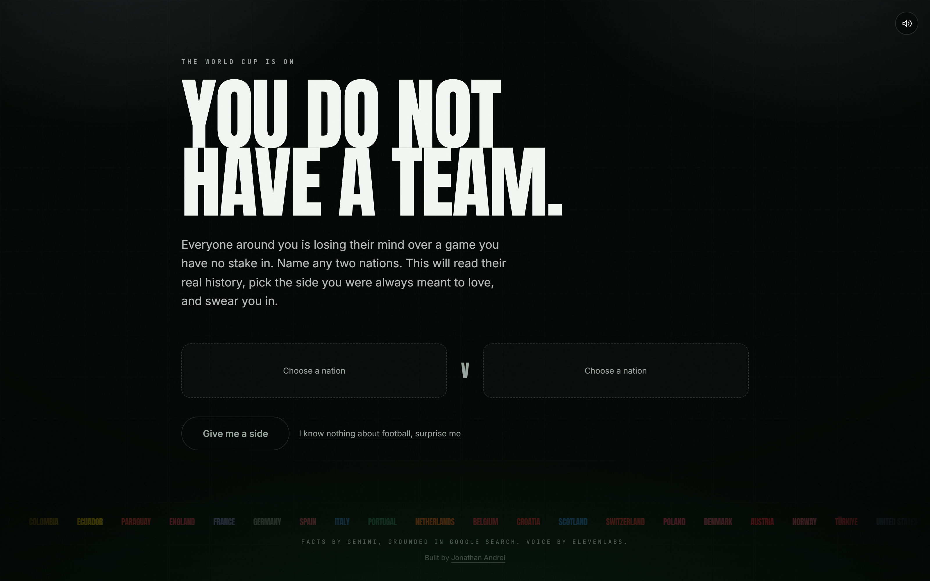 Pick Your Side landing page: a stadium crowd behind a bold headline that asks 'Pick your side', with a Start button and a sound-on note