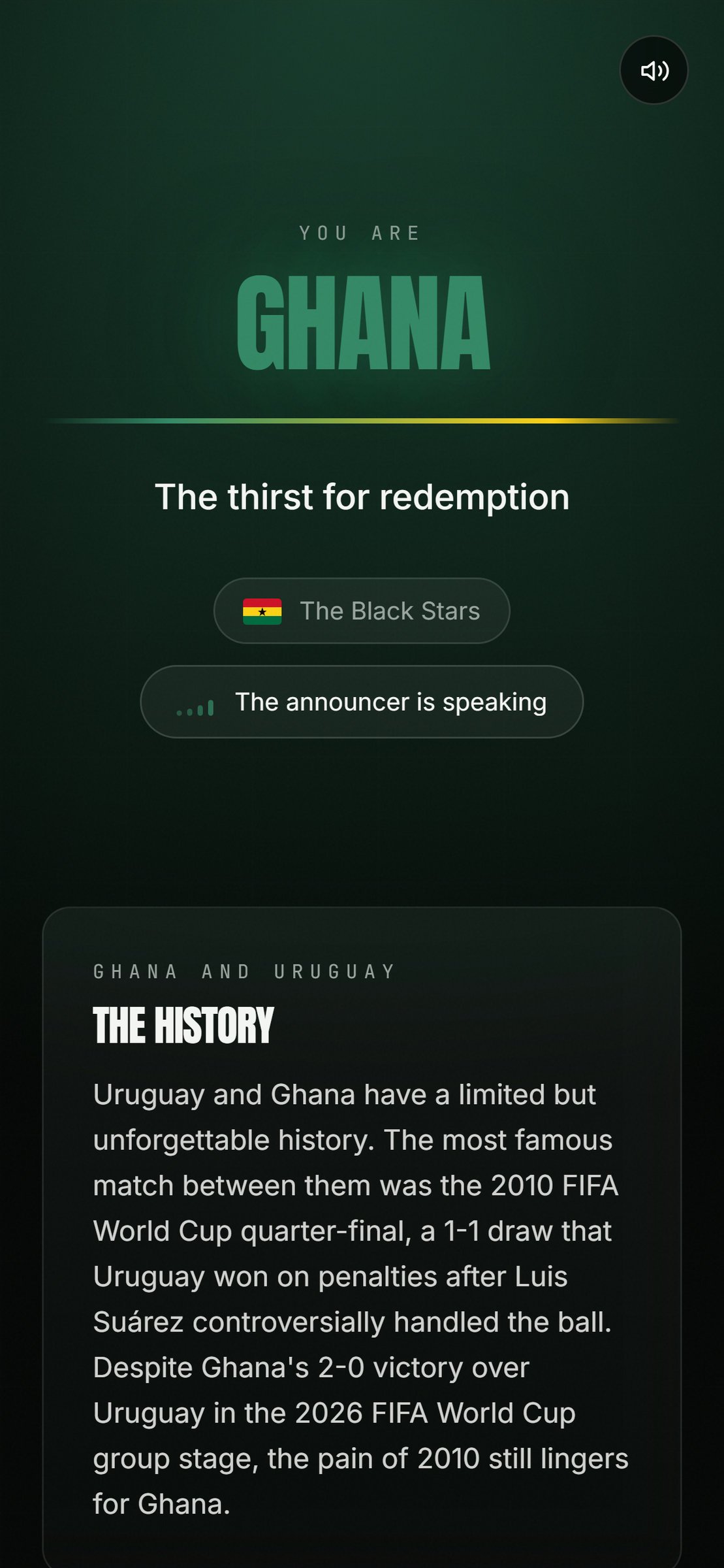Mobile view of the reveal screen: the same eruption moment scaled to a phone, with the announcer control visible at the bottom