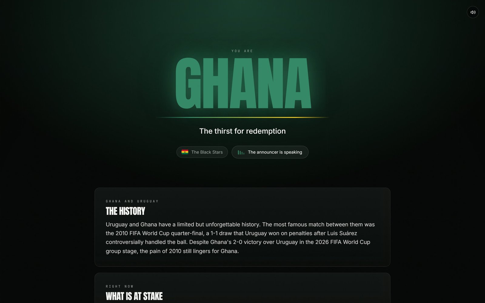 Reveal screen: the nation's name (GHANA) fills the screen in the team's colours while the announcer swears the viewer in and the stadium erupts