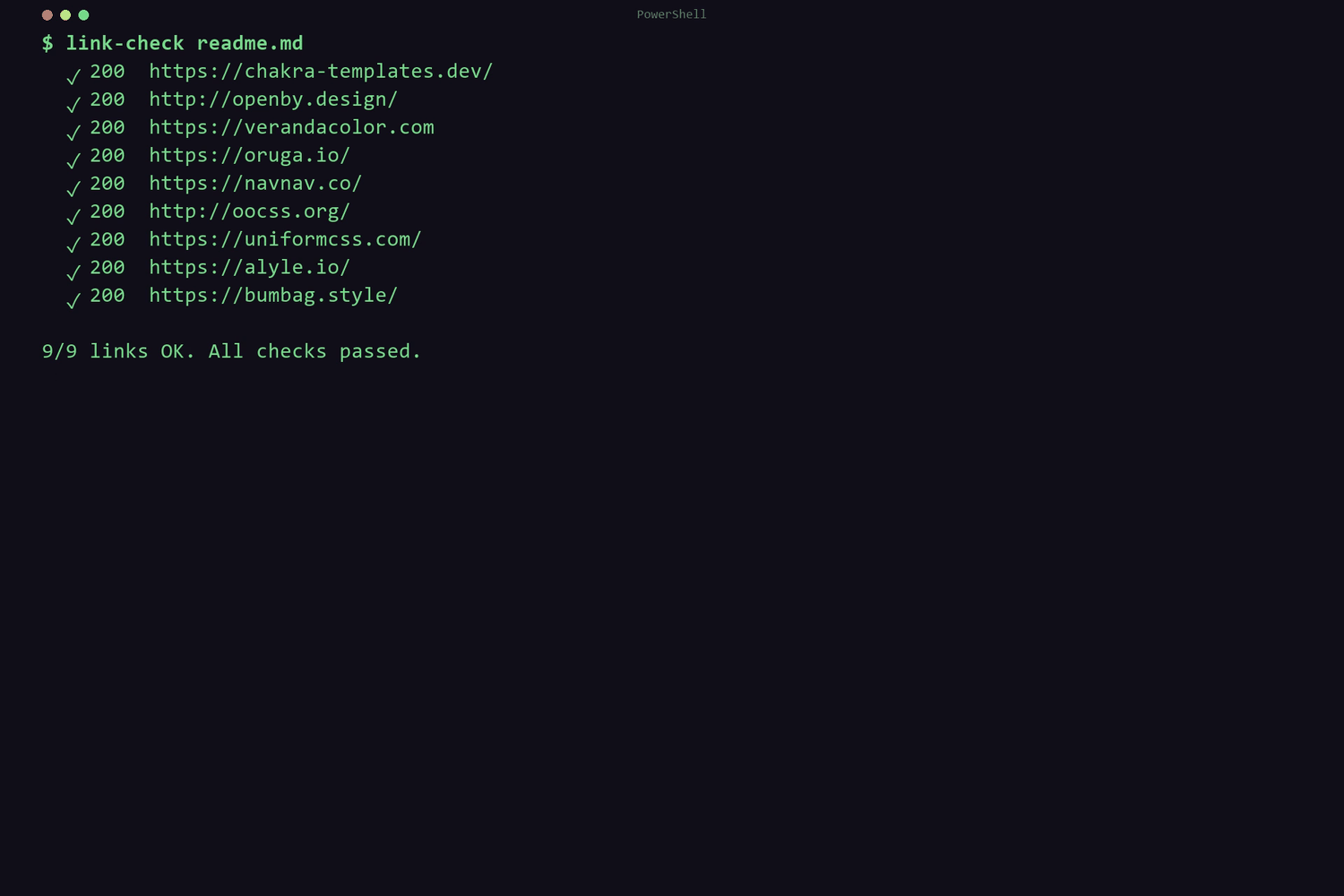 Un terminal qui exécute link-check sur readme.md : neuf URL, chacune avec un crochet vert et le statut 200, qui se termine par 9/9 links OK. All checks passed.