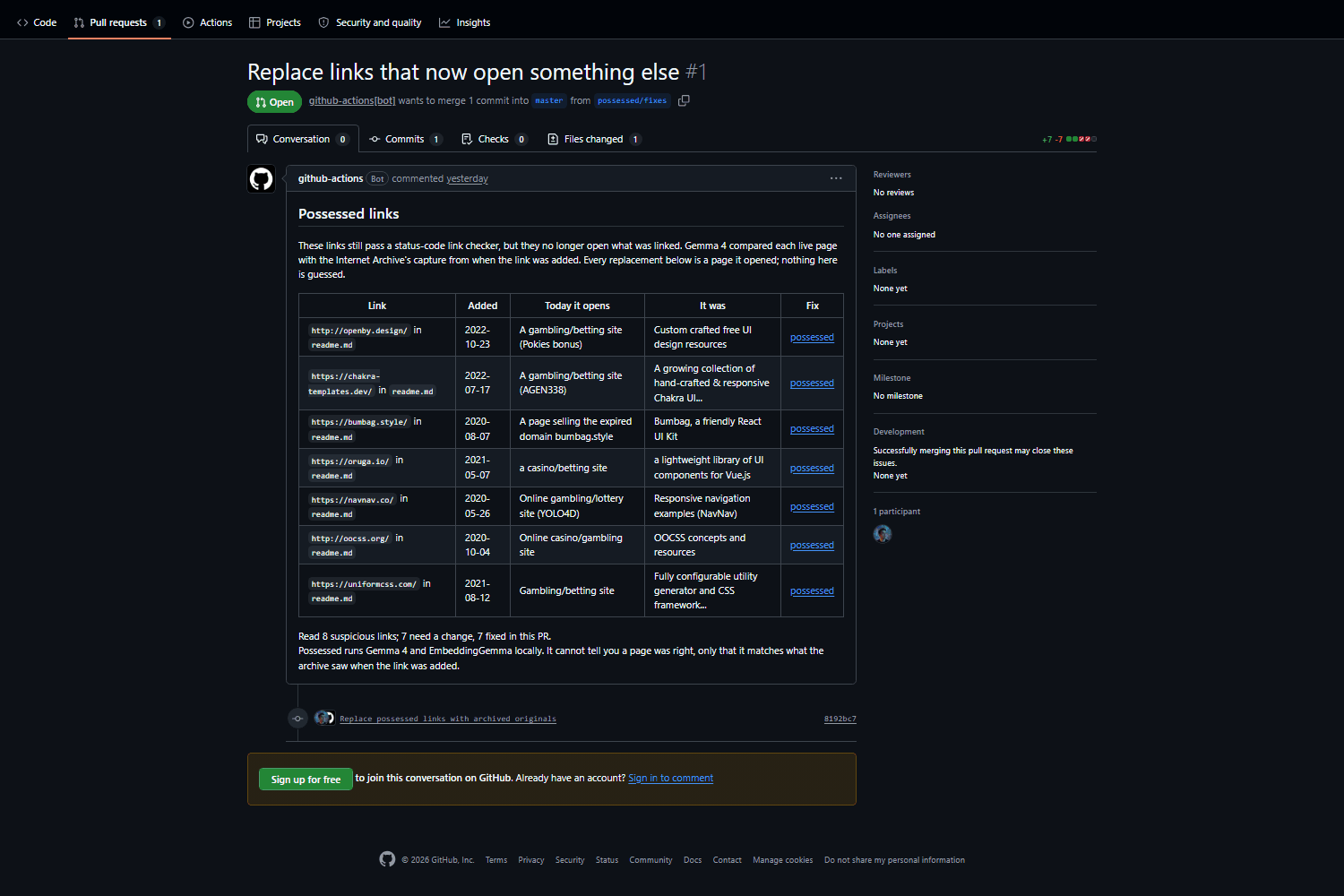 La demande de tirage GitHub n° 1, Replace links that now open something else, ouverte par github-actions[bot], avec un tableau Possessed links qui liste sept liens, la date d'ajout de chacun, ce qu'il ouvre aujourd'hui (sites de jeux d'argent, une page de domaine à vendre) et ce qu'il était, chacun marqué possessed.