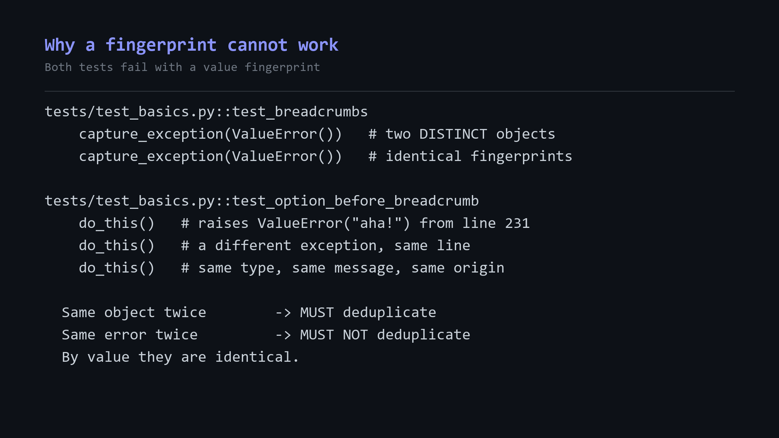 Terminal output of the two test cases the value-fingerprint approach fails. `test_breadcrumbs` calls `capture_exception(ValueError())` twice with distinct never-raised exceptions — identical fingerprints, second event wrongly dropped. `test_option_before_breadcrumb` raises three separate `ValueError("aha!")` from the same line — three identical fingerprints, two events wrongly deduplicated.