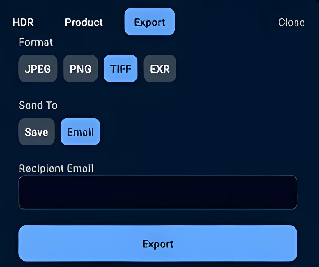 Écran d'export avec options de format JPEG, PNG, TIFF, EXR.