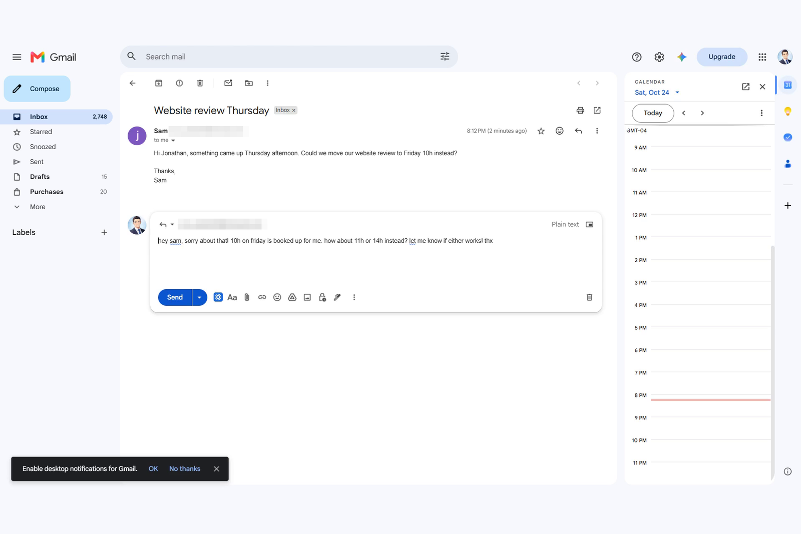 Gmail thread titled Website review Thursday: Sam's message asking to move to Friday 10h, and below it an unsent reply draft reading "hey sam, sorry about that! 10h on friday is booked up for me. how about 11h or 14h instead? let me know if either works! thx", with the Send button.